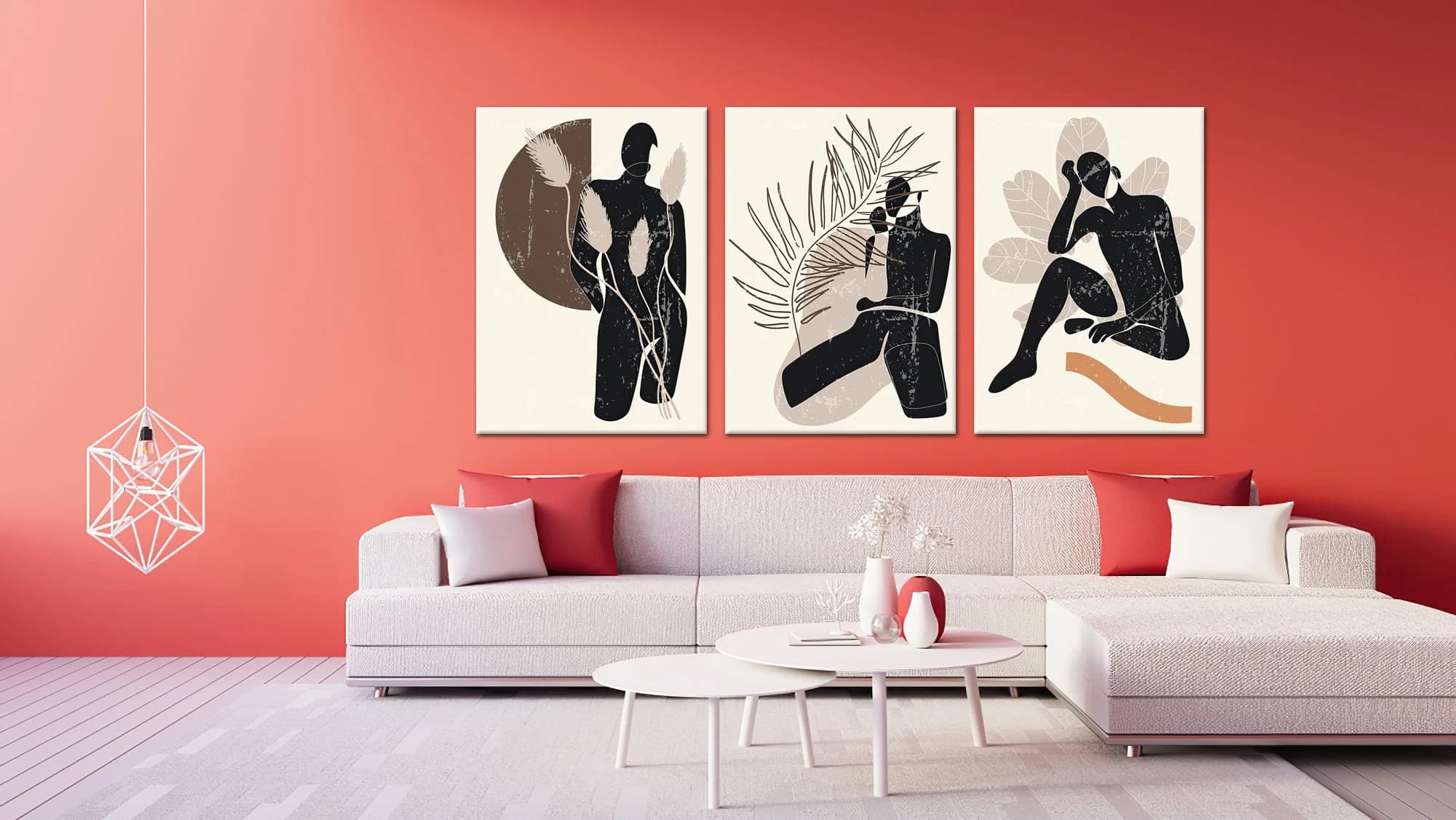 Geometric shapes, leaves, plants, woman silhouette, vintage illustrations, tricolor, aesthetic background,minimalist posters,canvas design