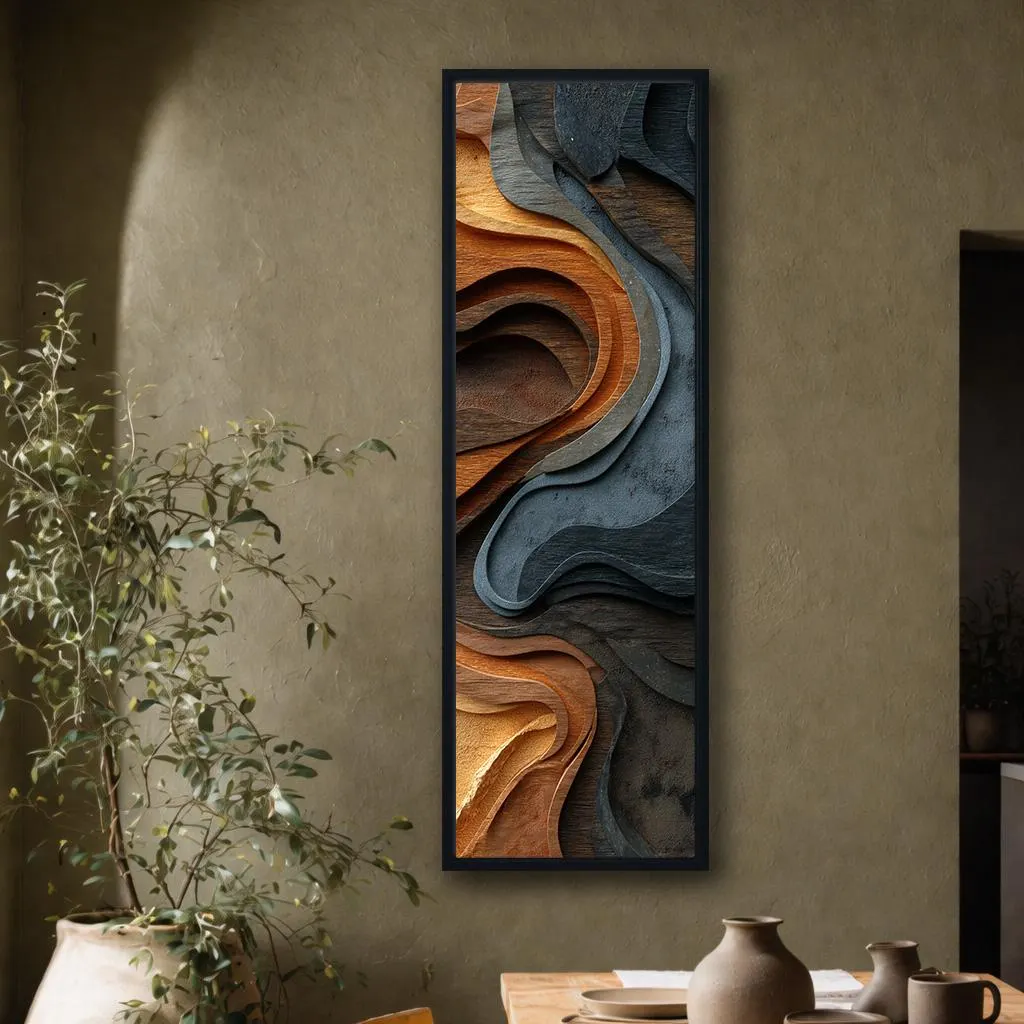 Abstract Earth Tone Canvas Wall Art, Layered Wood Texture Waves, Modern Neutral Vertical Decor for Living Room - image 4