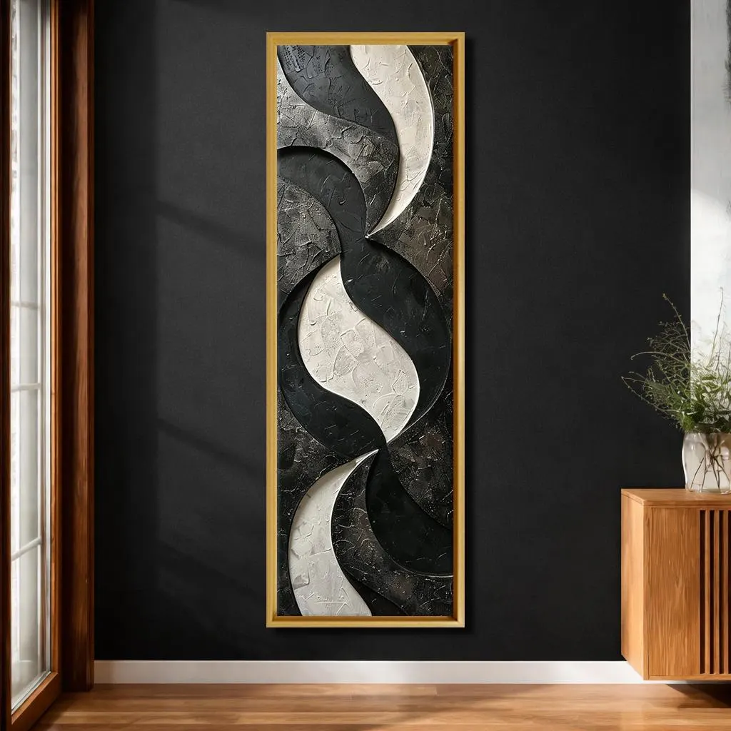 Modern Black and Cream Abstract Canvas Wall Art, Vertical Contemporary Geometric Print, Elegant Neutral Living Room Decor - image 5