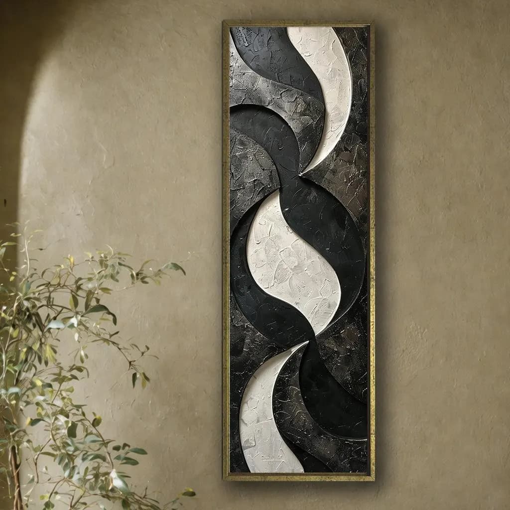 Modern Black and Cream Abstract Canvas Wall Art, Vertical Contemporary Geometric Print, Elegant Neutral Living Room Decor - image 3