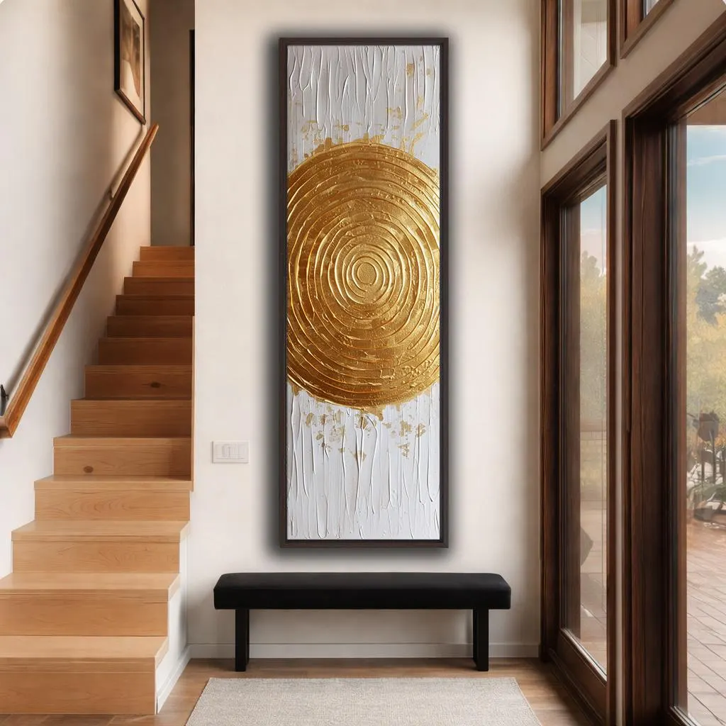 Gold Circle Canvas Wall Art, White and Gold Abstract Modern Decor, Luxury Vertical Statement Artwork for Living Room - image 5