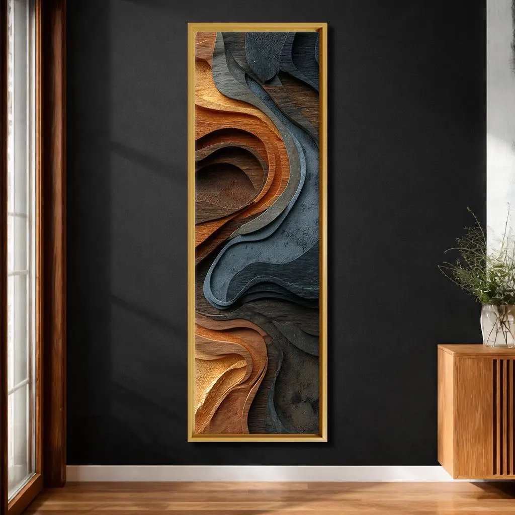 Abstract Earth Tone Canvas Wall Art, Layered Wood Texture Waves, Modern Neutral Vertical Decor for Living Room - image 3