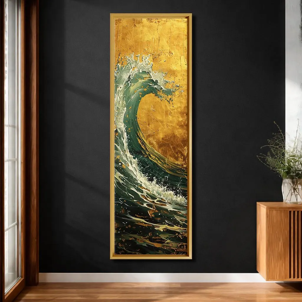 Luxury Gold Ocean Wave Canvas Wall Art, Modern Vertical Sea Painting, Dramatic Coastal Statement Decor for Elegant Homes - image 3