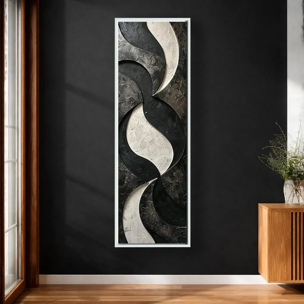 Modern Black and Cream Abstract Canvas Wall Art, Vertical Contemporary Geometric Print, Elegant Neutral Living Room Decor