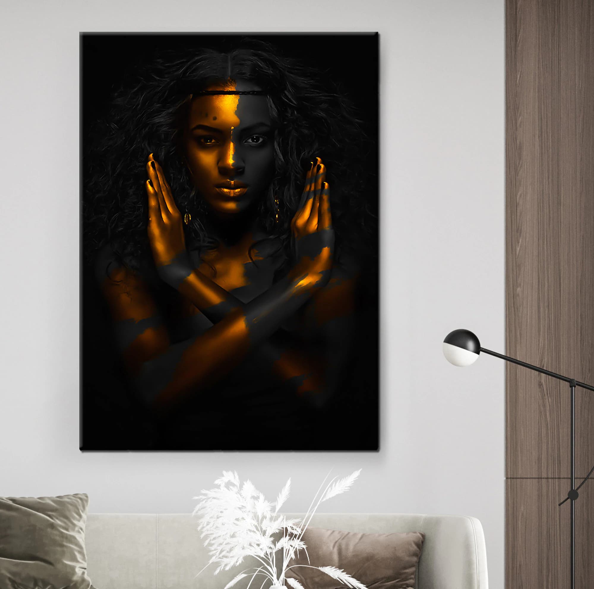 African Modern Warrior Black Woman Cross Arm Model Wall Art, artwork Yellow makeup Ethnic Art, Strong Woman pose Home Decor Canvas Print - image 4