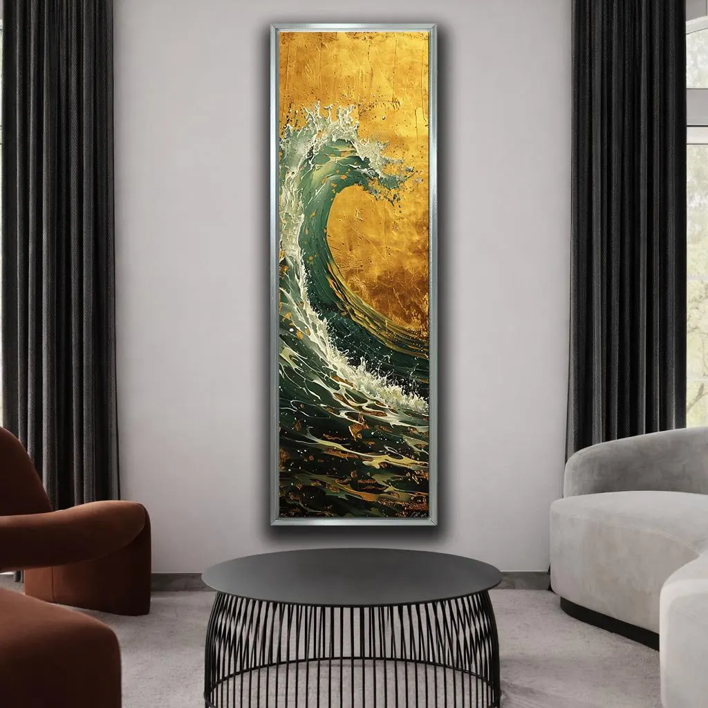Luxury Gold Ocean Wave Canvas Wall Art, Modern Vertical Sea Painting, Dramatic Coastal Statement Decor for Elegant Homes
