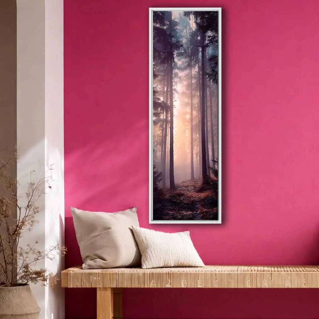 Misty Forest Sunrise Canvas Wall Art, Vertical Woodland Landscape Print, Sunlight Through Pine Trees Nature Wall Decor - image 3