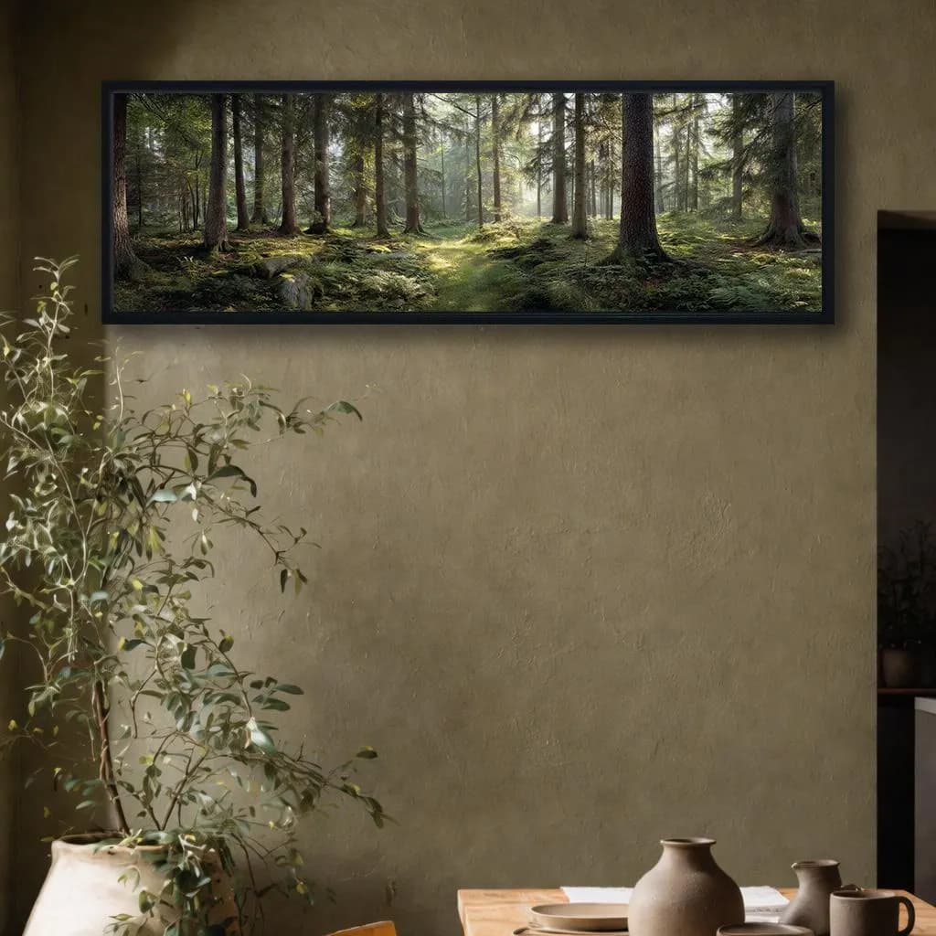 Sunlit Forest Canvas Wall Art, Peaceful Woodland Path Panoramic Horizontal Landscape Painting Living Room Decor - image 2
