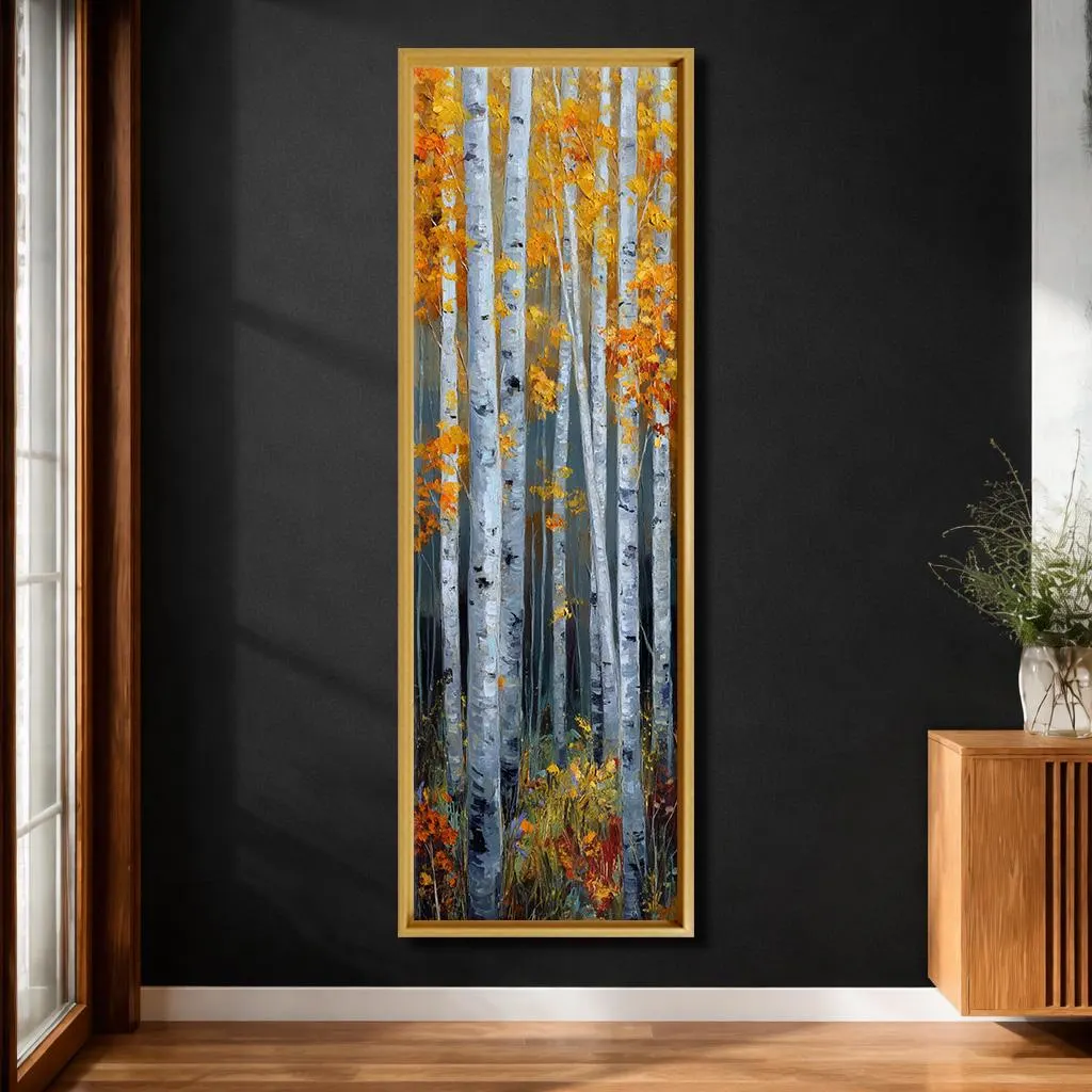 Birch Forest Canvas Wall Art, Autumn Tree Landscape Painting, Vertical Modern Nature Decor, Fall Living Room Artwork