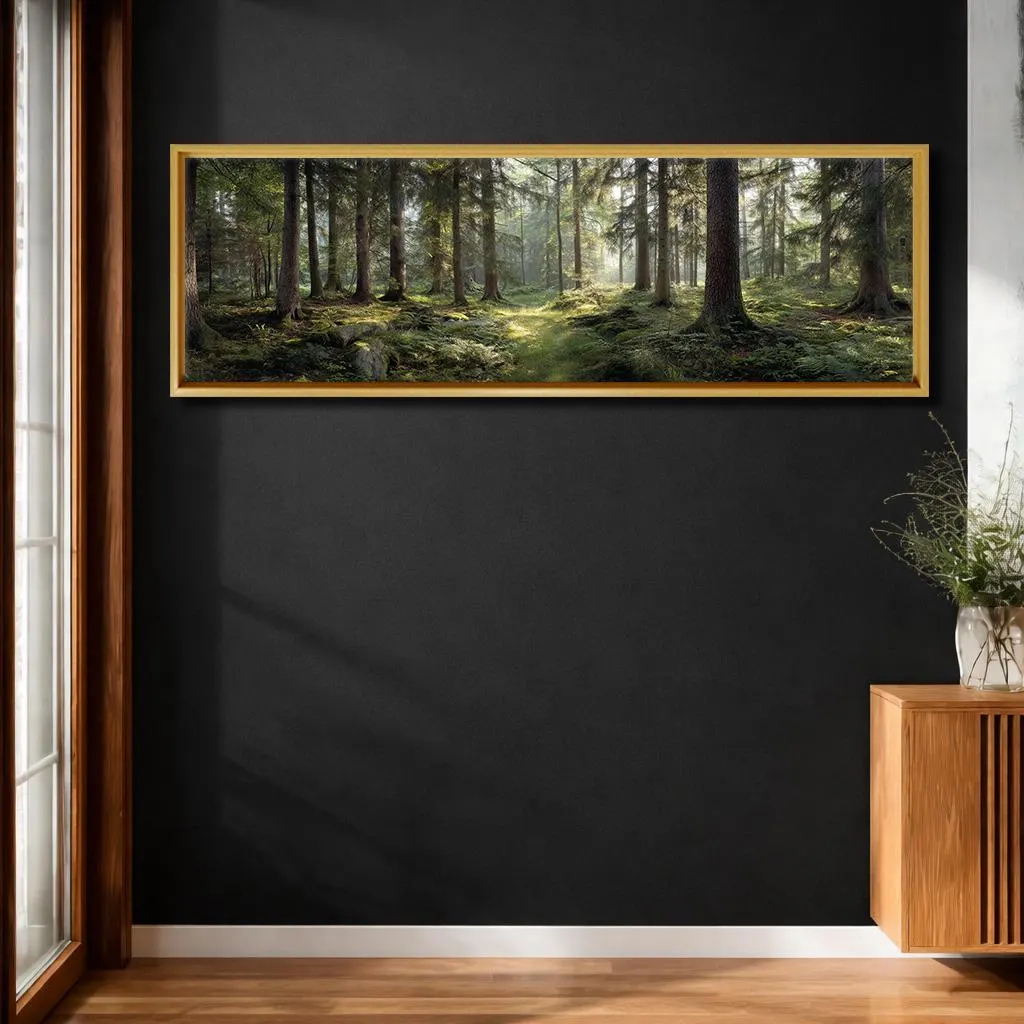 Sunlit Forest Canvas Wall Art, Peaceful Woodland Path Panoramic Horizontal Landscape Painting Living Room Decor - image 3