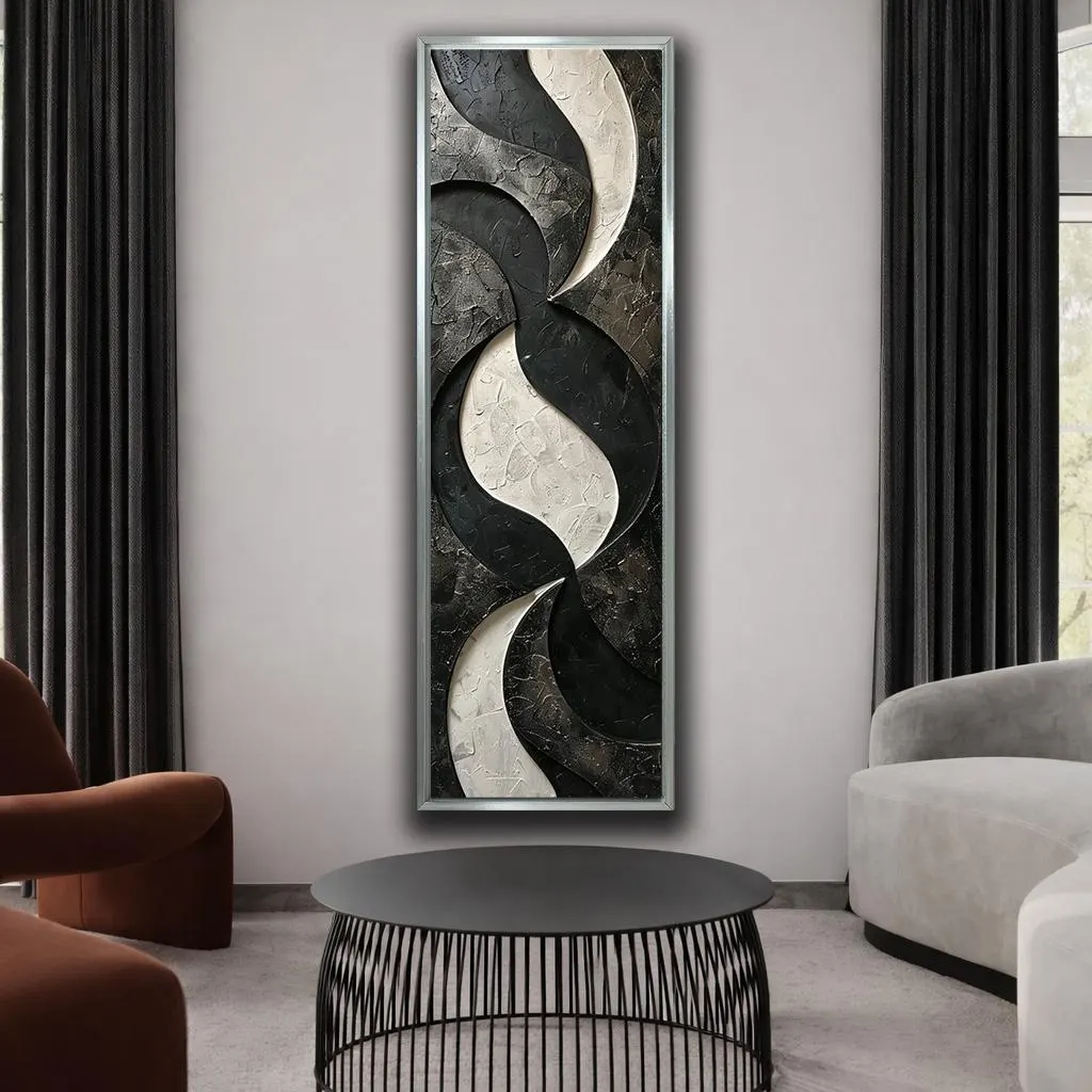 Modern Black and Cream Abstract Canvas Wall Art, Vertical Contemporary Geometric Print, Elegant Neutral Living Room Decor - image 2