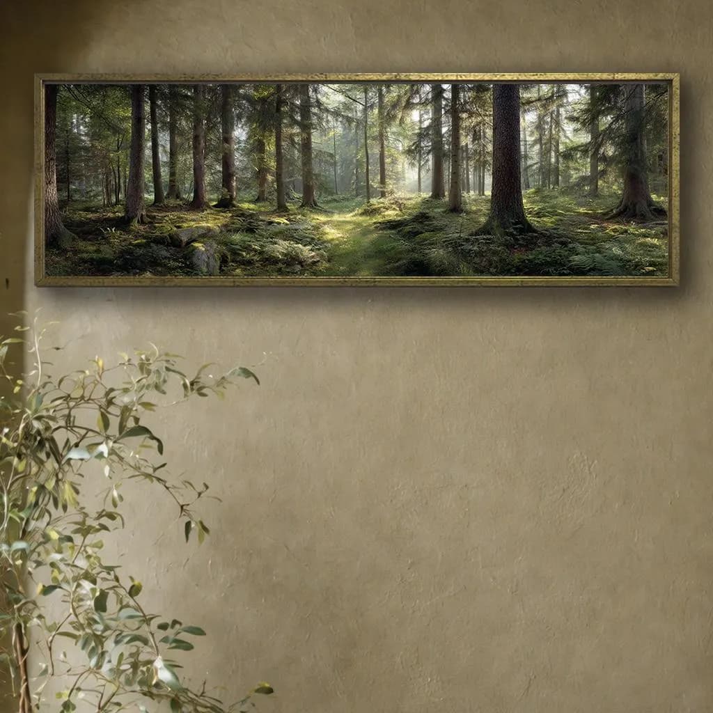 Sunlit Forest Canvas Wall Art, Peaceful Woodland Path Panoramic Horizontal Landscape Painting Living Room Decor - image 4
