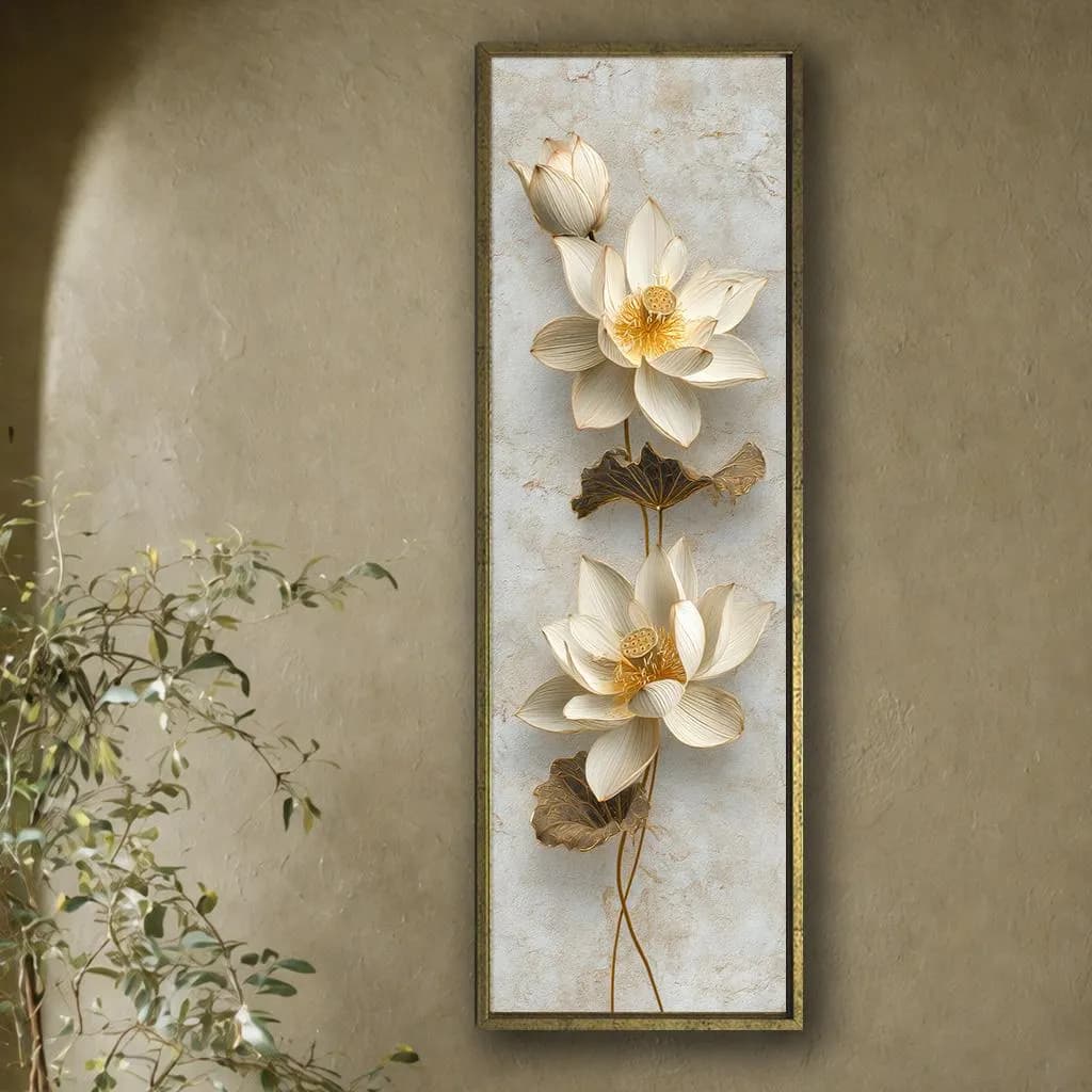Lotus Flower Canvas Wall Art, Neutral Beige and Gold Botanical Decor, Elegant Vertical Modern Artwork for Living Room - image 5