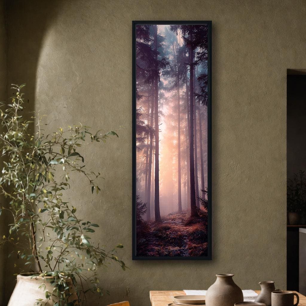 Misty Forest Sunrise Canvas Wall Art, Vertical Woodland Landscape Print, Sunlight Through Pine Trees Nature Wall Decor