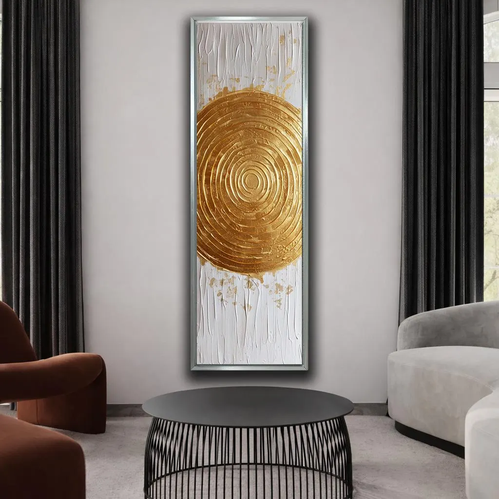 Gold Circle Canvas Wall Art, White and Gold Abstract Modern Decor, Luxury Vertical Statement Artwork for Living Room - image 4