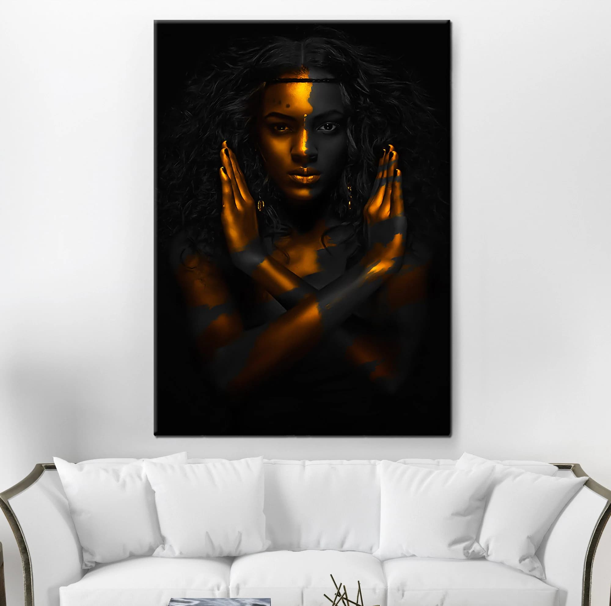 African Modern Warrior Black Woman Cross Arm Model Wall Art, artwork Yellow makeup Ethnic Art, Strong Woman pose Home Decor Canvas Print - image 3