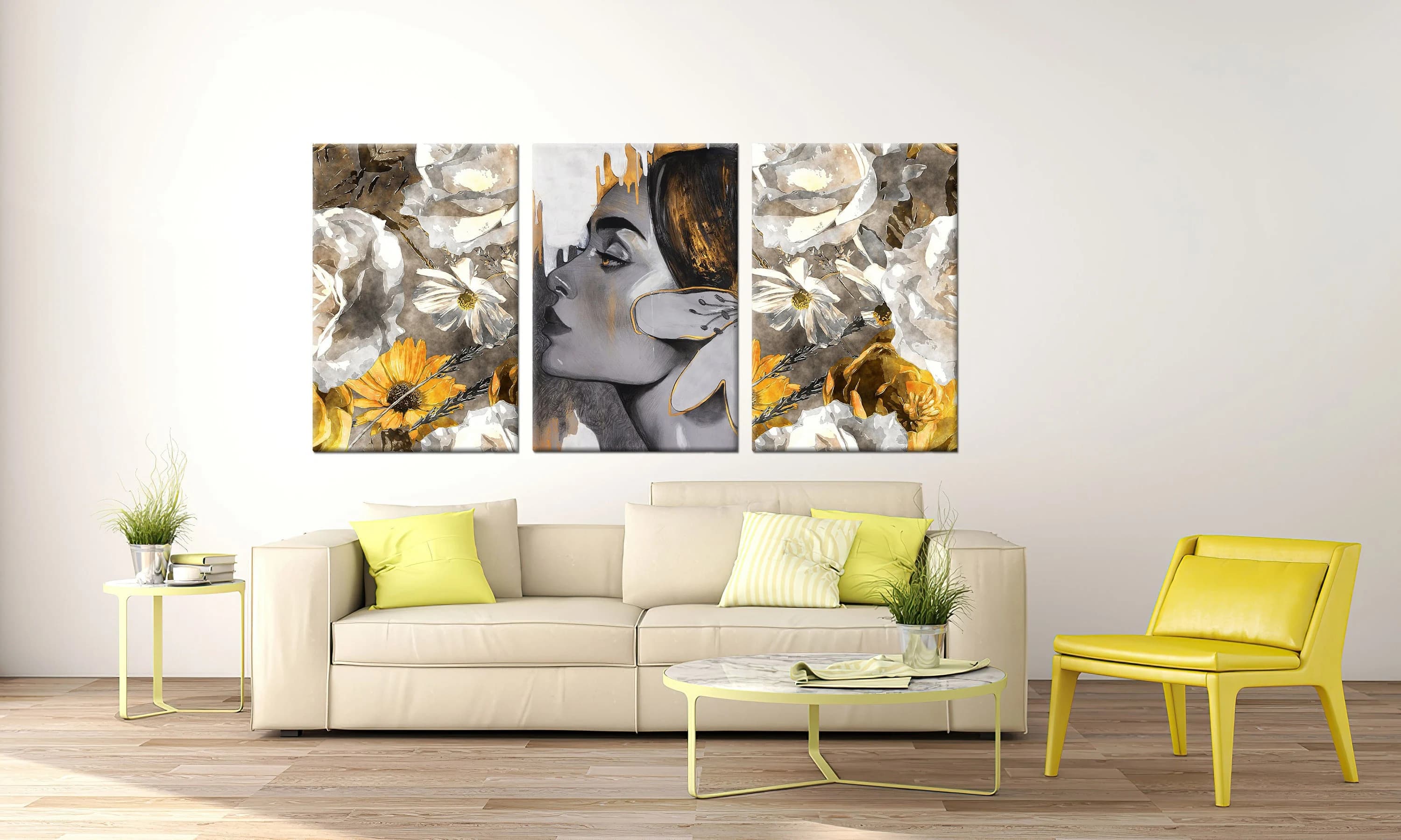 Fantasy woman portrait,woman with flowers,black-yellow,Acrylic-oil on canvas,on gray background,white-gold yellow,rose,aster,canvas design