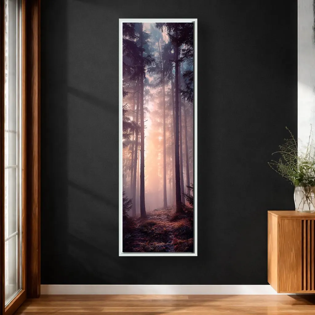 Misty Forest Sunrise Canvas Wall Art, Vertical Woodland Landscape Print, Sunlight Through Pine Trees Nature Wall Decor - image 2