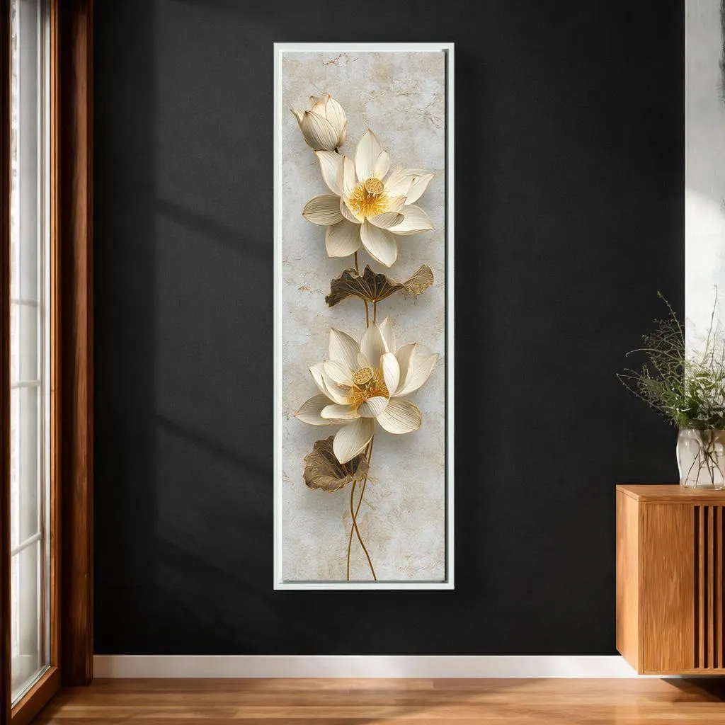 Lotus Flower Canvas Wall Art, Neutral Beige and Gold Botanical Decor, Elegant Vertical Modern Artwork for Living Room