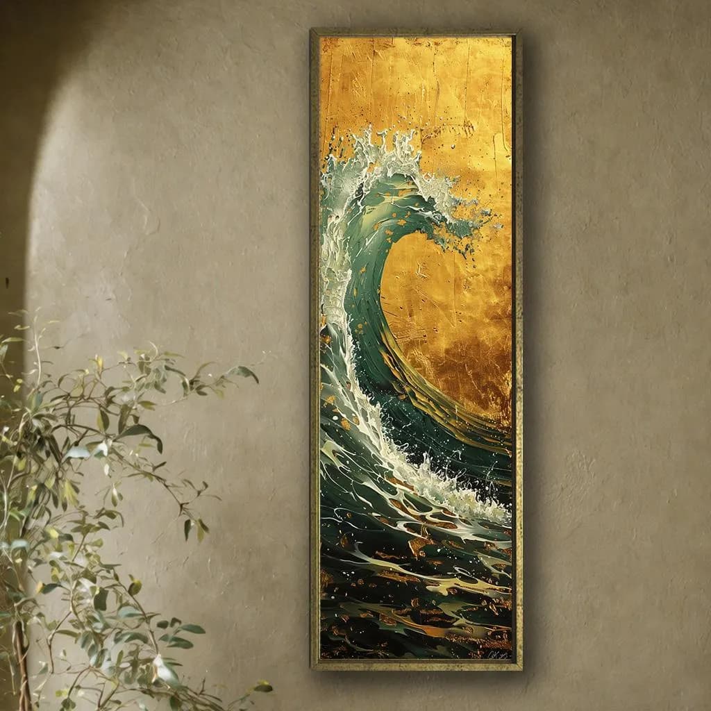 Luxury Gold Ocean Wave Canvas Wall Art, Modern Vertical Sea Painting, Dramatic Coastal Statement Decor for Elegant Homes - image 2