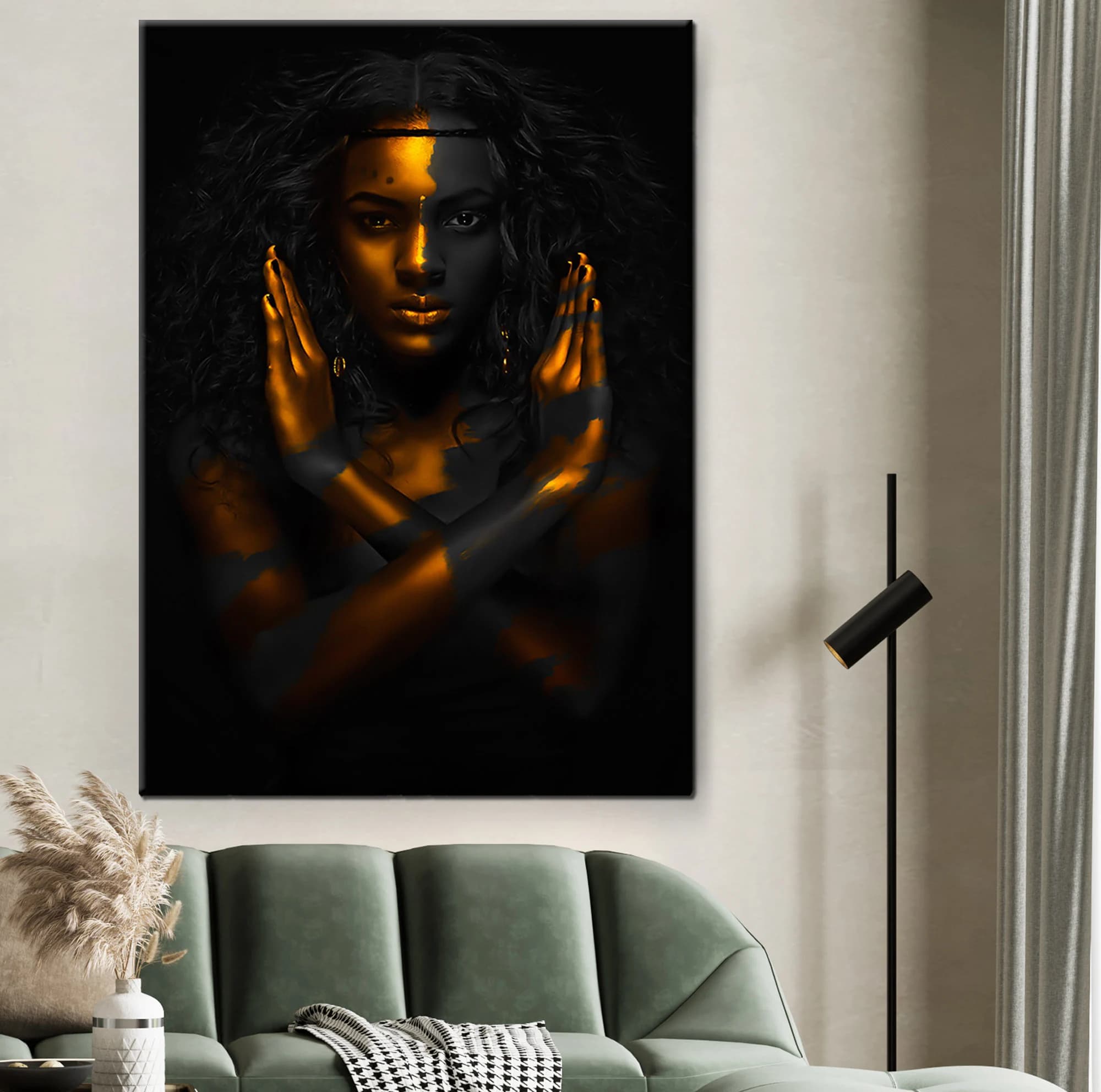 African Modern Warrior Black Woman Cross Arm Model Wall Art, artwork Yellow makeup Ethnic Art, Strong Woman pose Home Decor Canvas Print