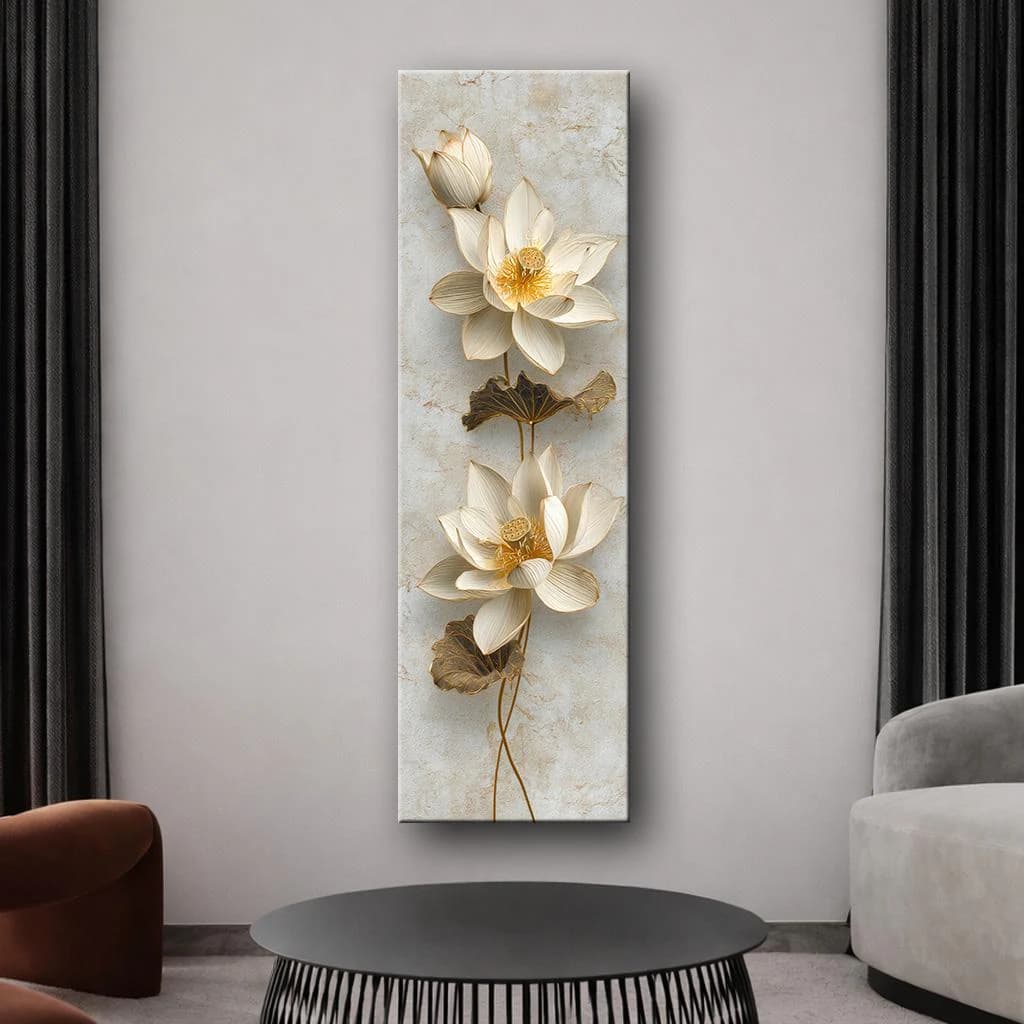 Lotus Flower Canvas Wall Art, Neutral Beige and Gold Botanical Decor, Elegant Vertical Modern Artwork for Living Room - image 4