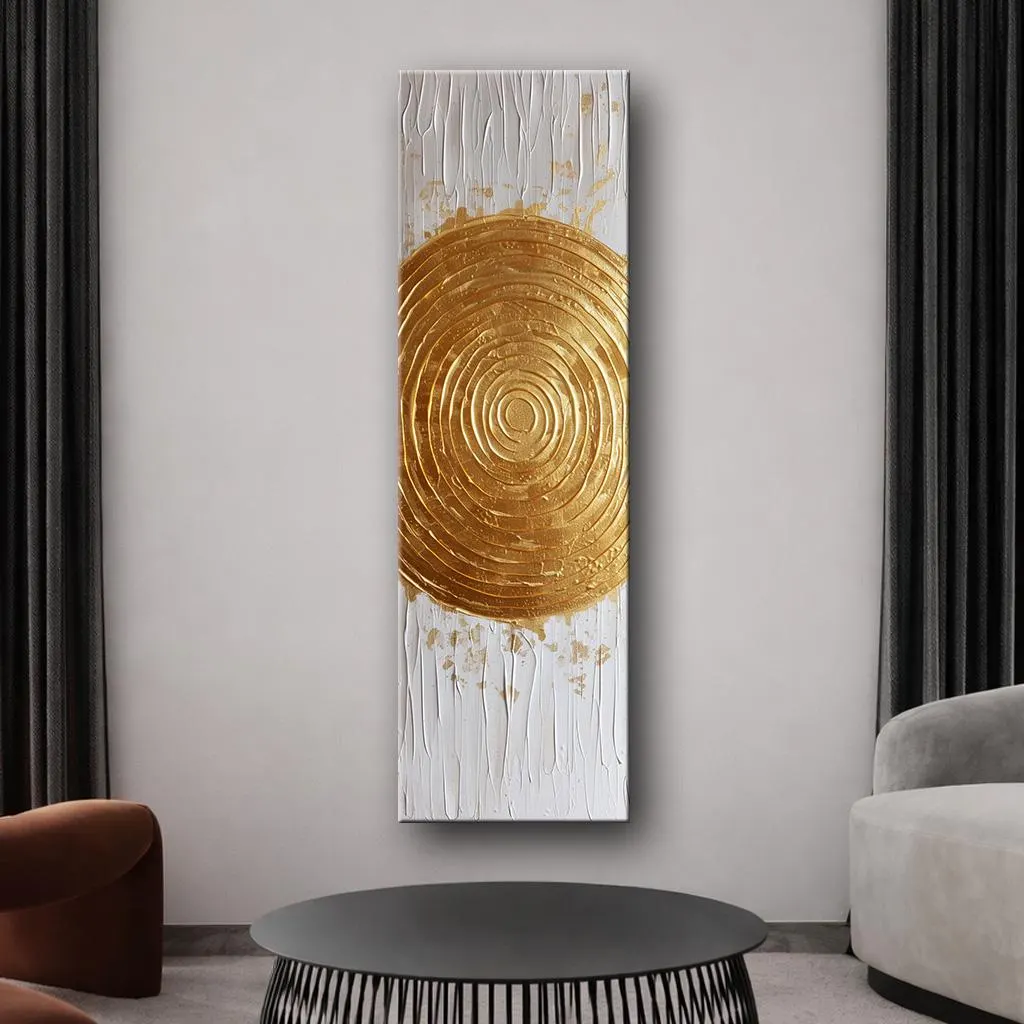 Gold Circle Canvas Wall Art, White and Gold Abstract Modern Decor, Luxury Vertical Statement Artwork for Living Room - image 3