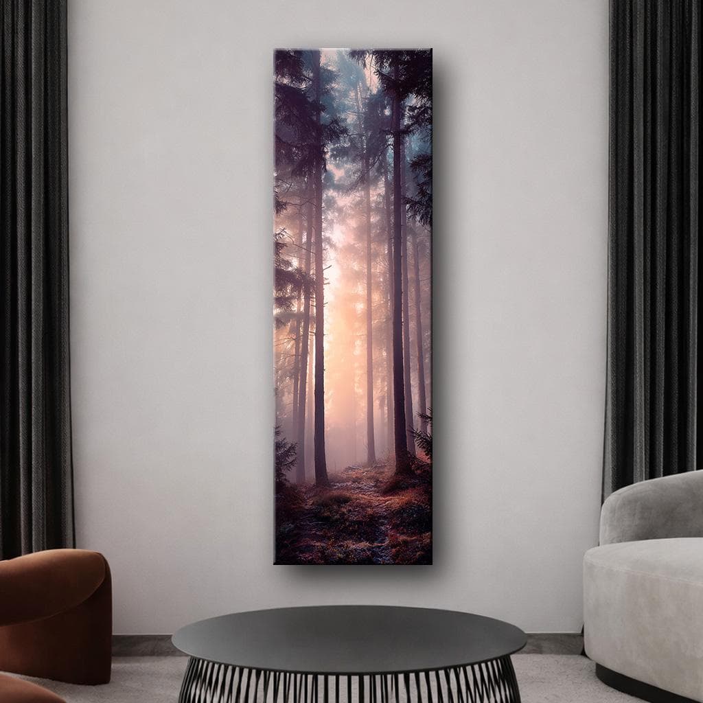 Misty Forest Sunrise Canvas Wall Art, Vertical Woodland Landscape Print, Sunlight Through Pine Trees Nature Wall Decor - image 5