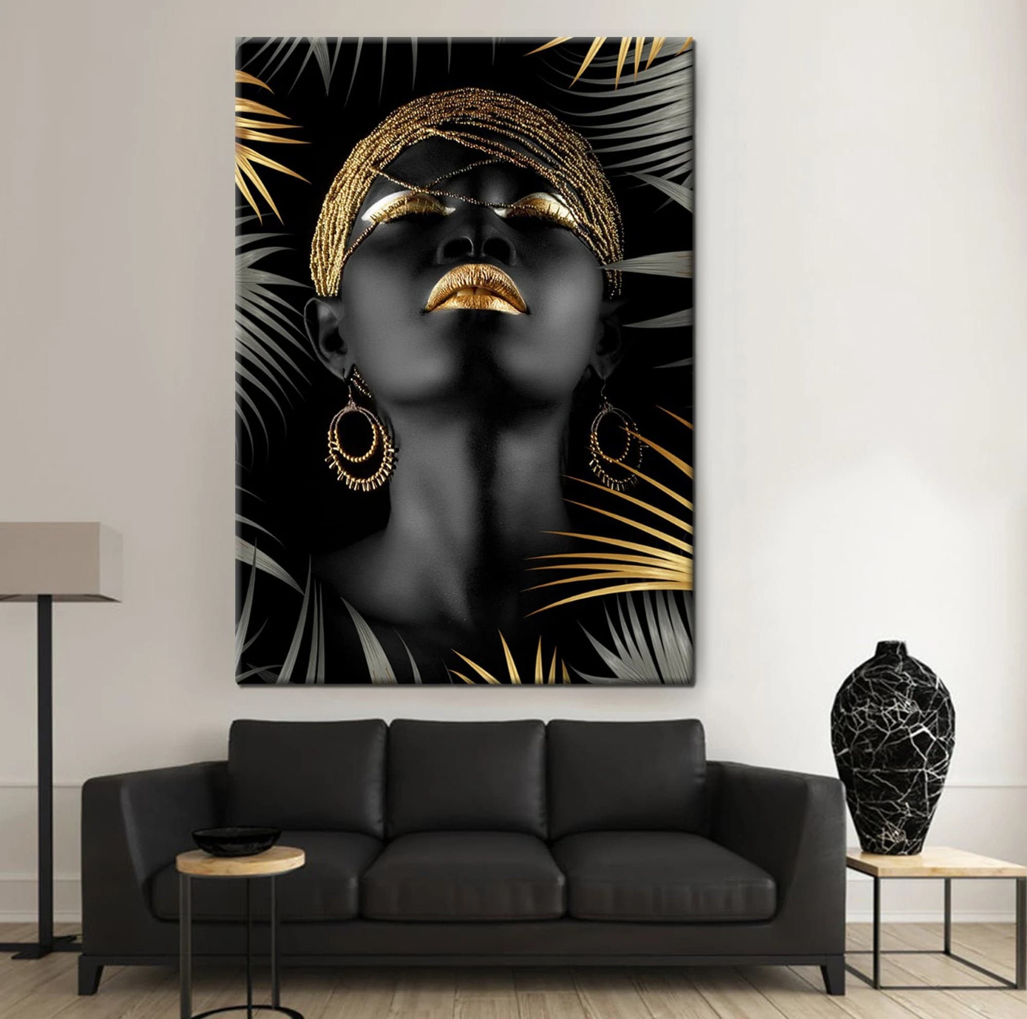 African Woman Canvas, Golden Palm leaves, Gold accessory, Modern Black Woman, Wall Art Poster, Elegant Woman, Home Decor Living Room