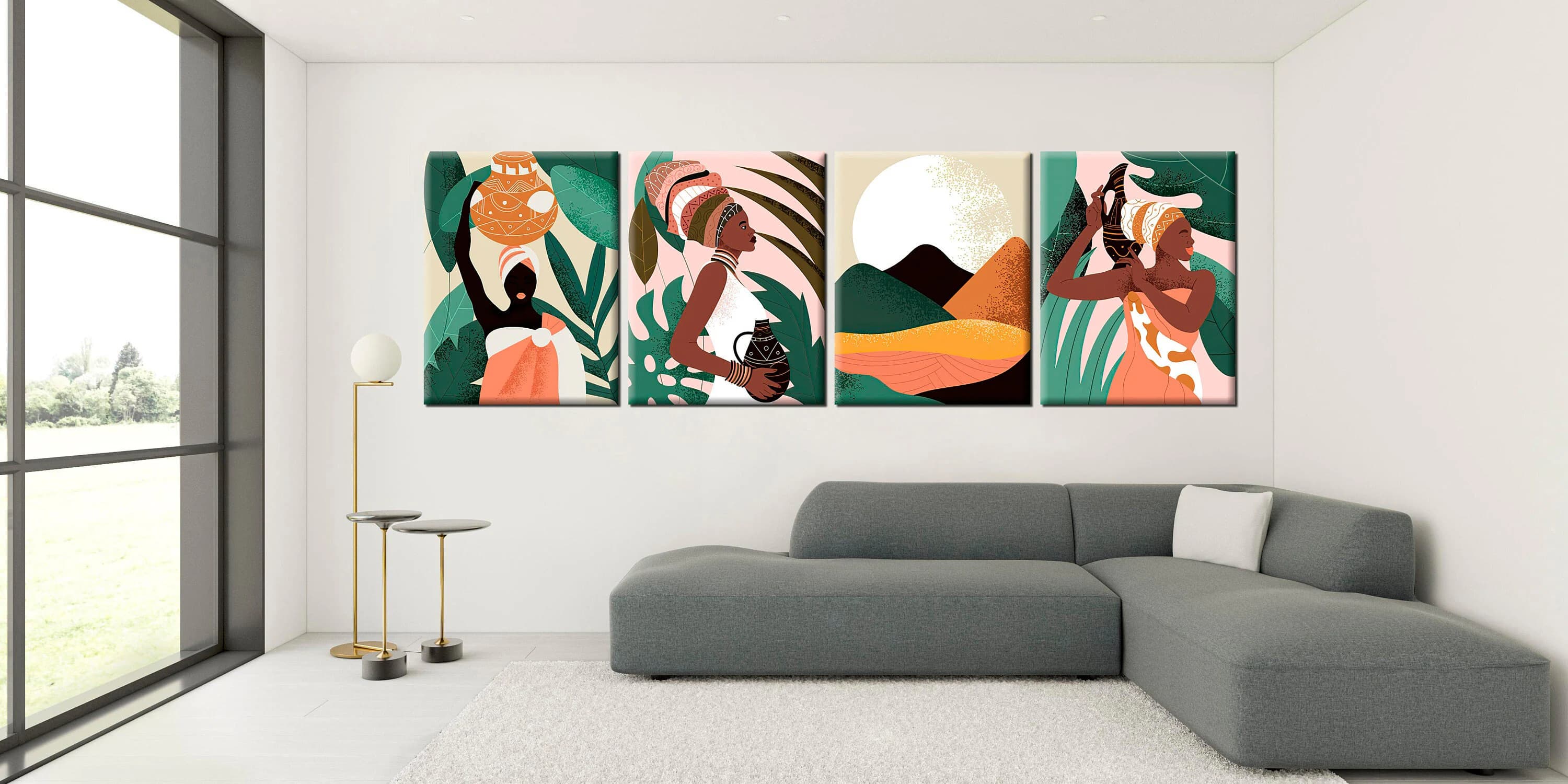 African women,Wearing traditional clothes,4-piece decor design,Woman holding jug,Colorful design,Palm leaves,Moon,Mountain,Stylized design