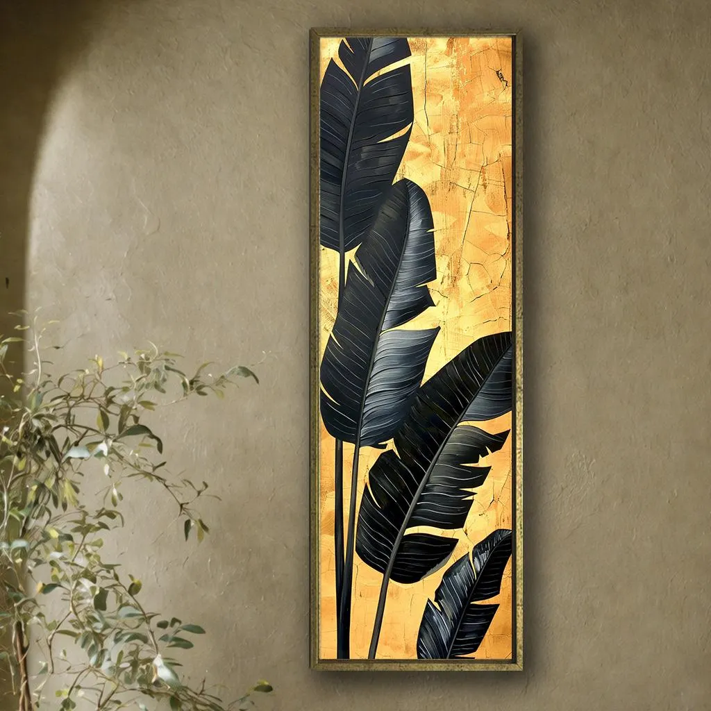 Luxury Black and Gold Tropical Leaf Canvas Wall Art, Modern Vertical Botanical Statement Decor for Elegant Interiors