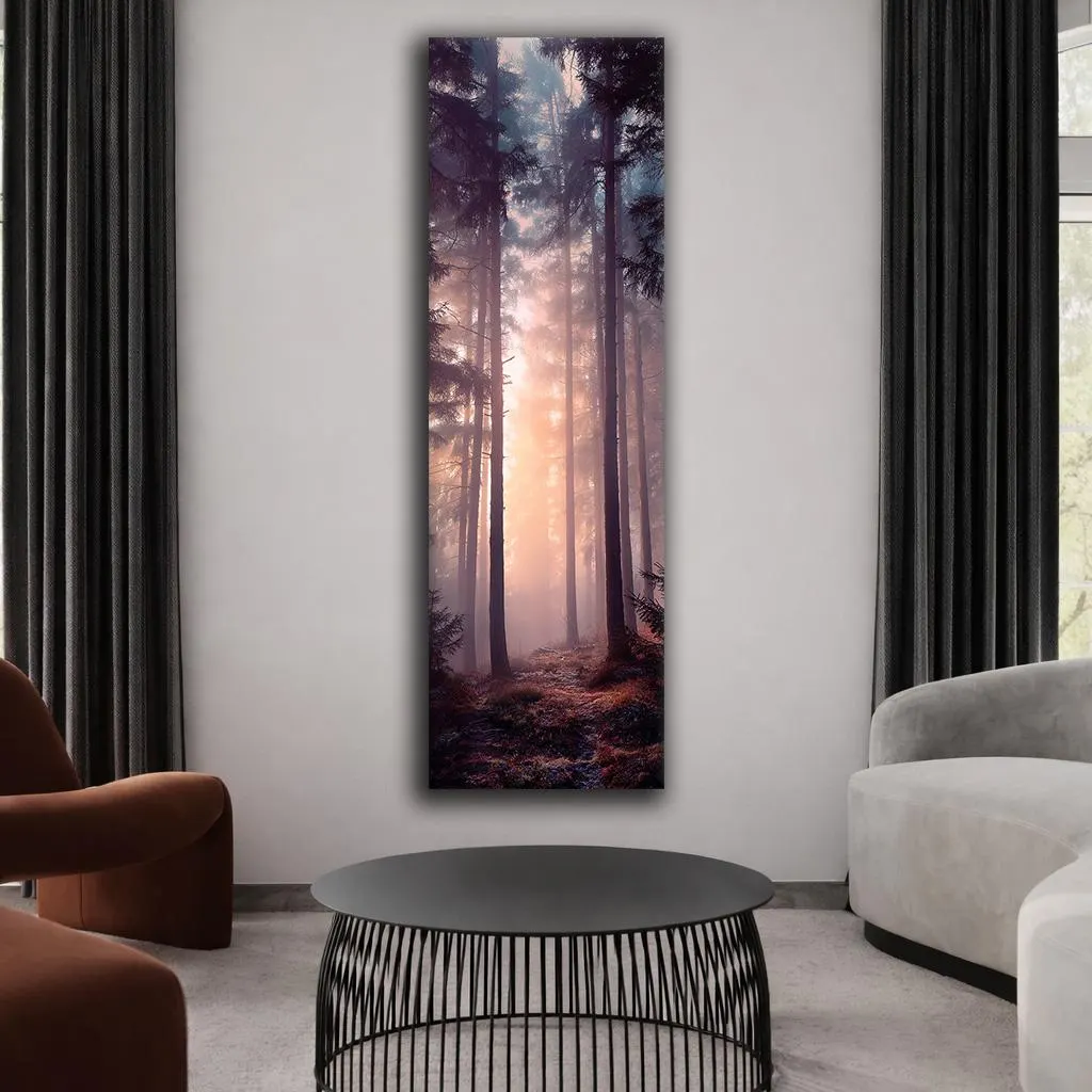 Misty Forest Sunrise Canvas Wall Art, Vertical Woodland Landscape Print, Sunlight Through Pine Trees Nature Wall Decor - image 4