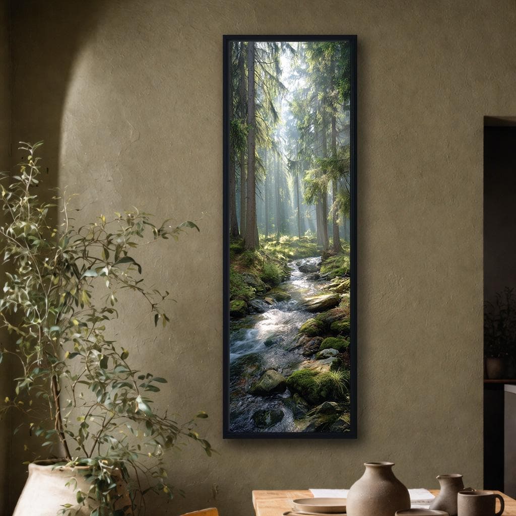 Forest Creek Canvas Wall Art, Sunlight Through Trees Nature Print, Vertical Woodland Landscape Decor for Living Room