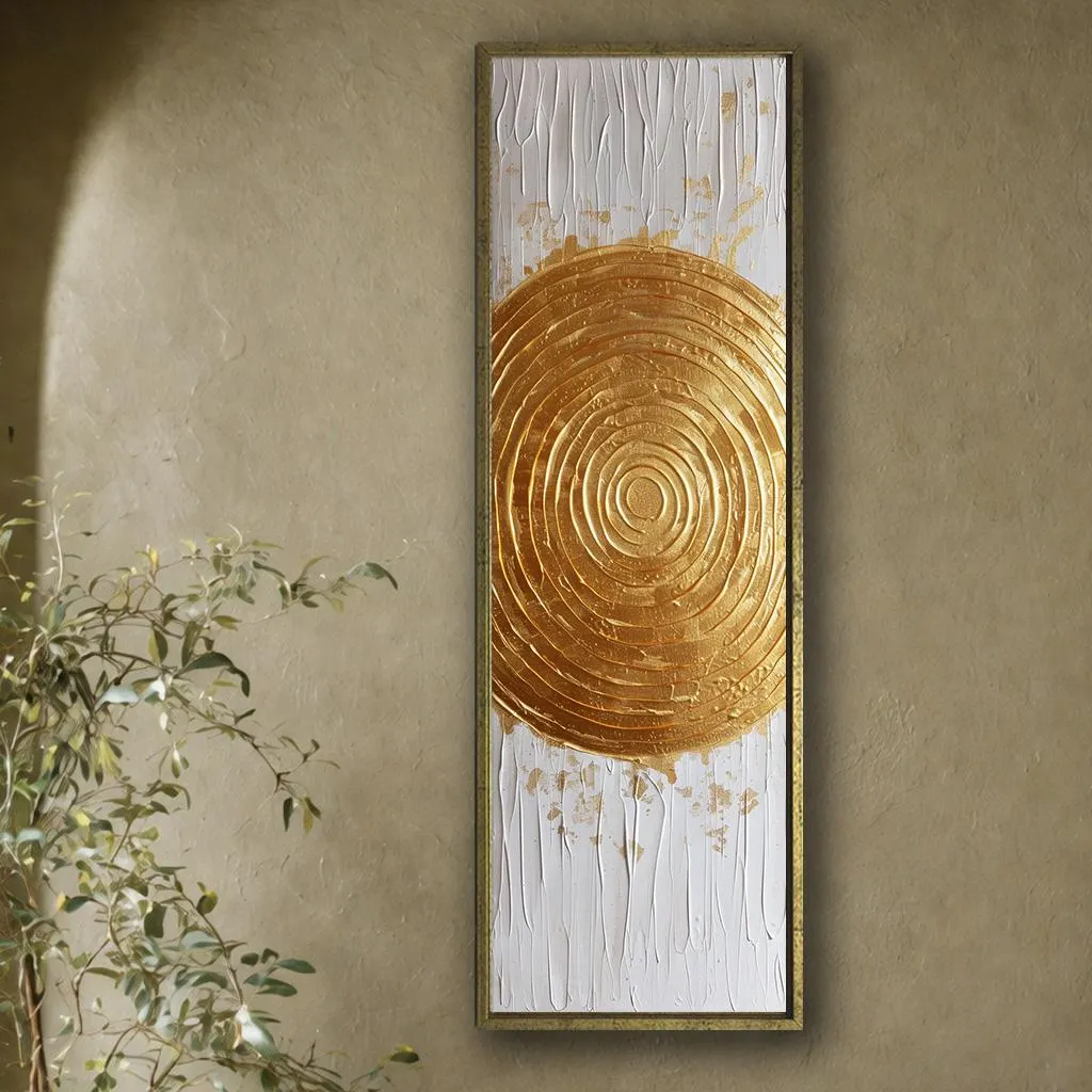 Gold Circle Canvas Wall Art, White and Gold Abstract Modern Decor, Luxury Vertical Statement Artwork for Living Room