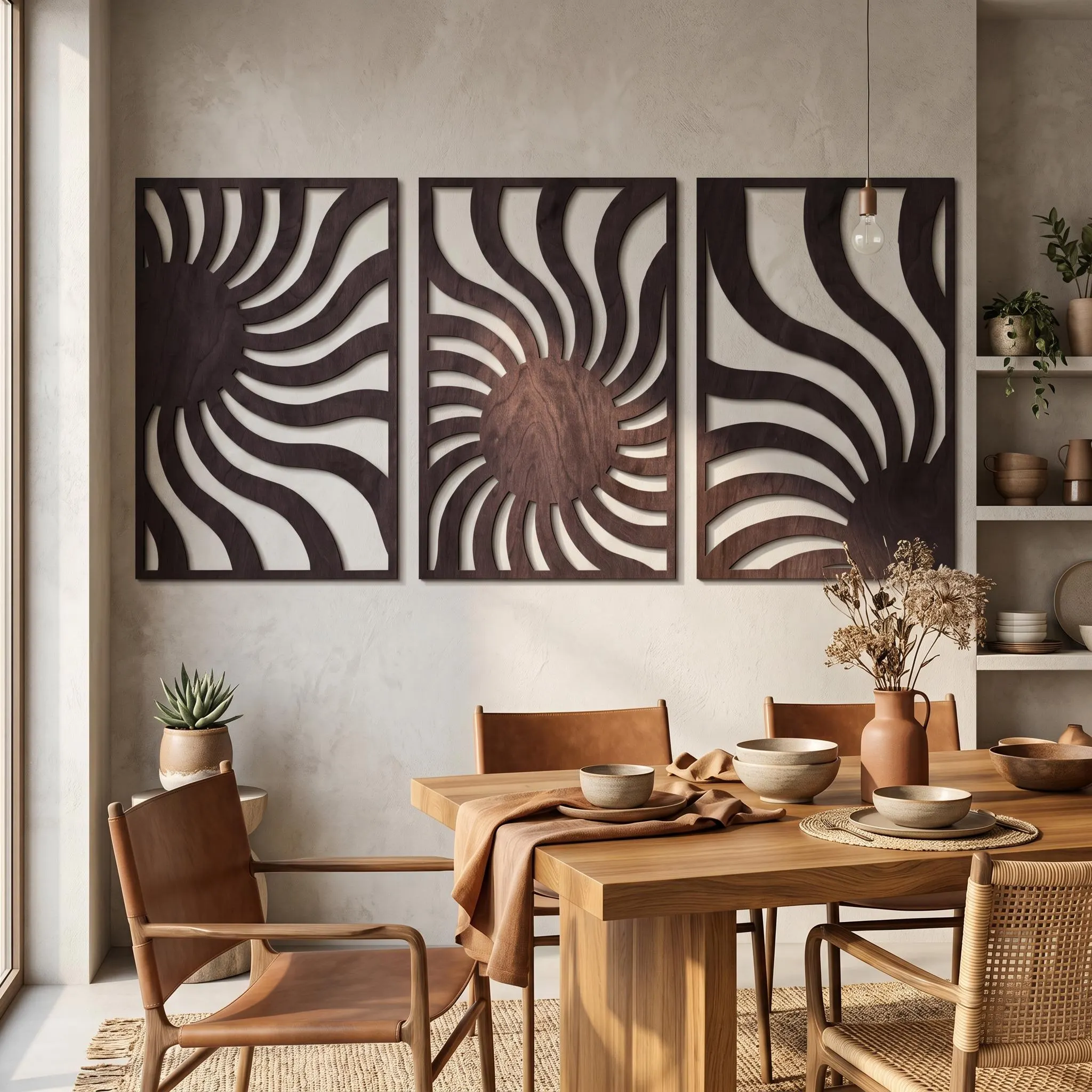 Boho Wall Decor, 3 Piece Wall Art, Large Wood Wall Art, Wood Wall Panels, Triptych Wall Art, Boho Sun Wall Art, Mid Century Modern
