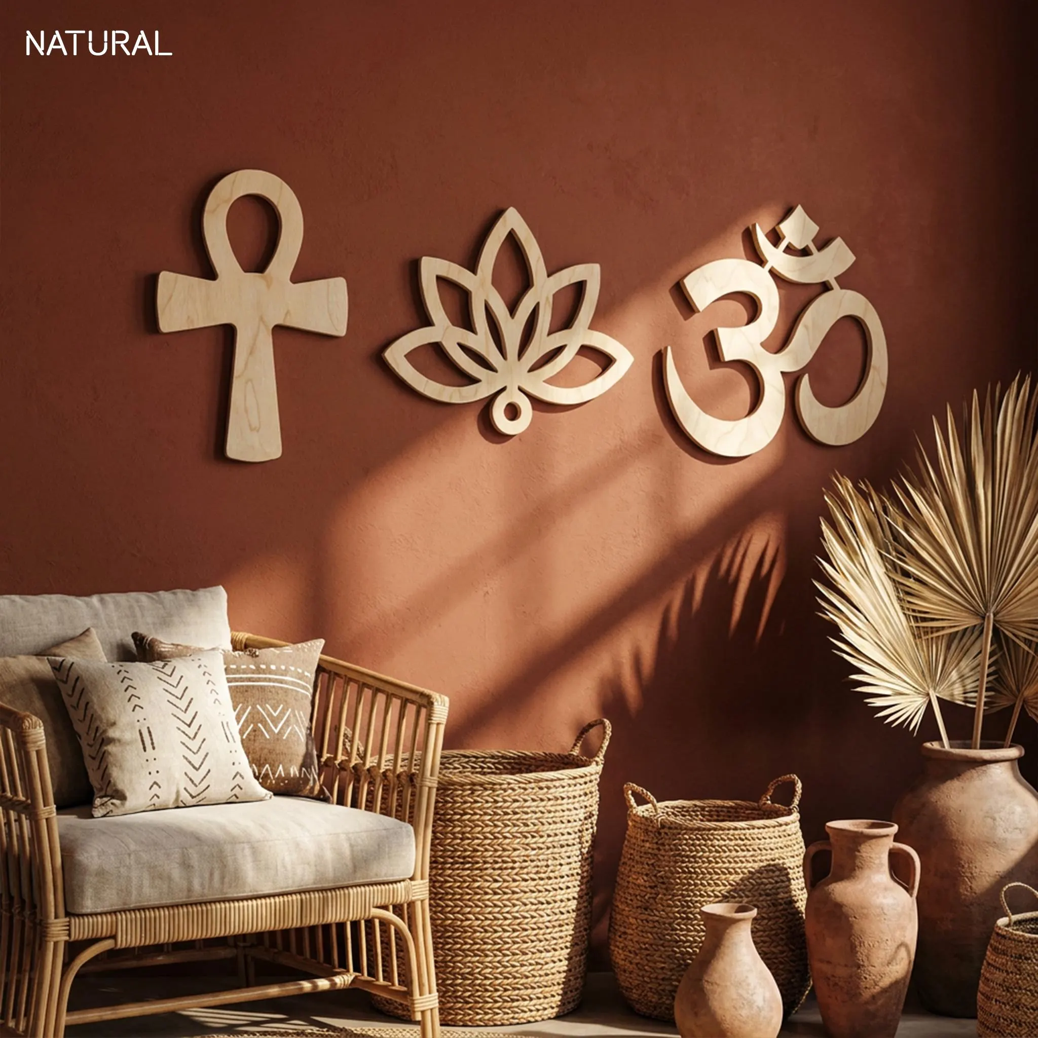 Spiritual Wall Art, Ankh Wall Art, Om Wall Art, Lotus Wall Art, Yoga Room Decor, Wooden Wall Hanging, Set of 3 Wall Art, Zen Decor
