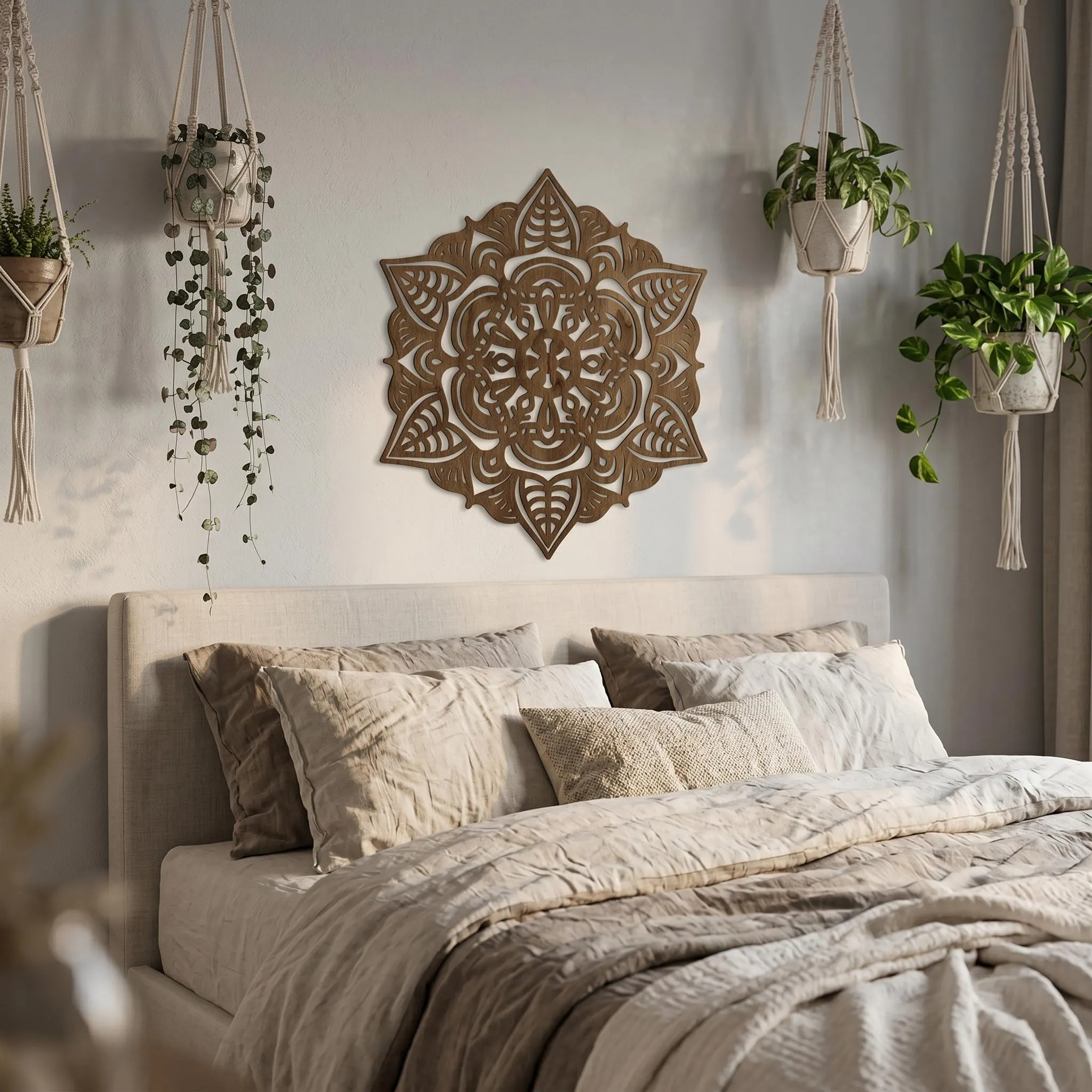 Handmade wooden mandala wall art made from high-quality plywood, displayed above a neutral bed in a boho bedroom with hanging plants and soft natural decor. The intricate sacred geometry design has floral and leaf-like cutout details in warm brown wood, creating a spiritual wall art focal point for above bed decor, yoga studio decor, meditation room decor, or boho wooden wall decor.