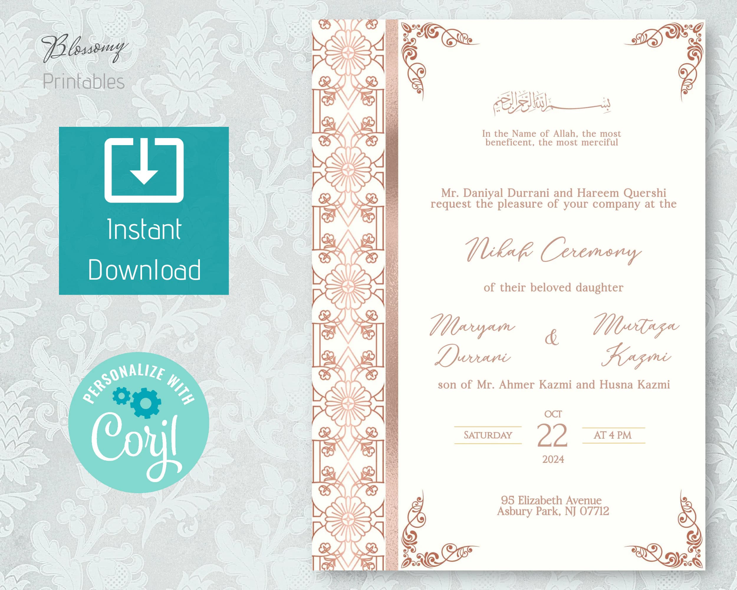 Editable Islamic Wedding Invitation, Nikah Invitation Rose Gold, Muslim Wedding Invitation, Nikkah Invite Template, Islamic Evite - image 4