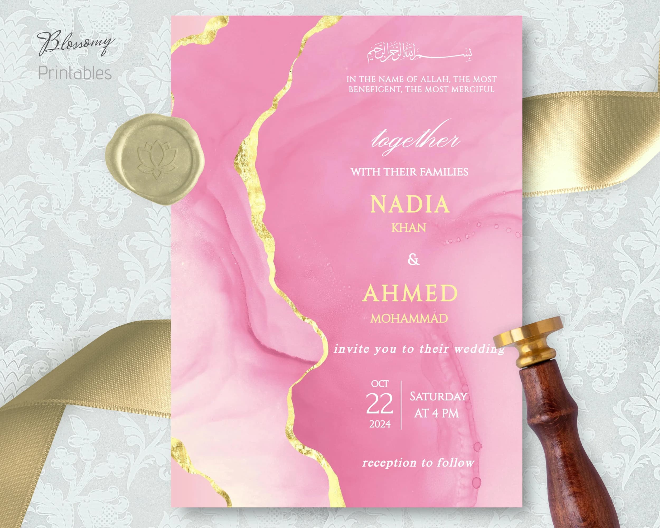 Islamic Wedding Invitation, Walimah Invitation Pink Gold, Walima Muslim Wedding Invitation, Marble Nikkah Invite Template, Islamic Evite