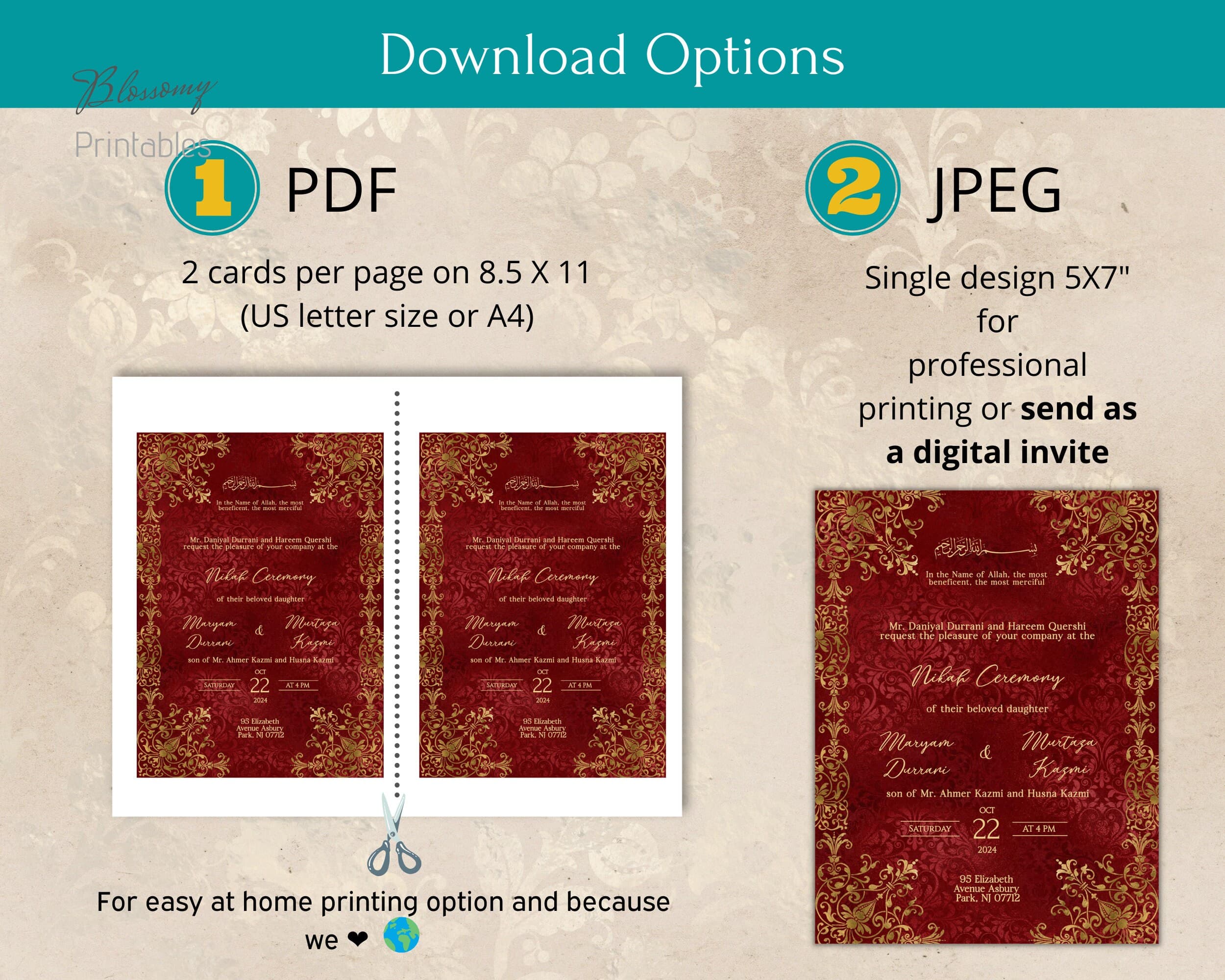 Editable Islamic Wedding Card, Nikkah Invitation Red Gold, Walima, Muslim Wedding Invitation, Nikah Invite Template - image 4