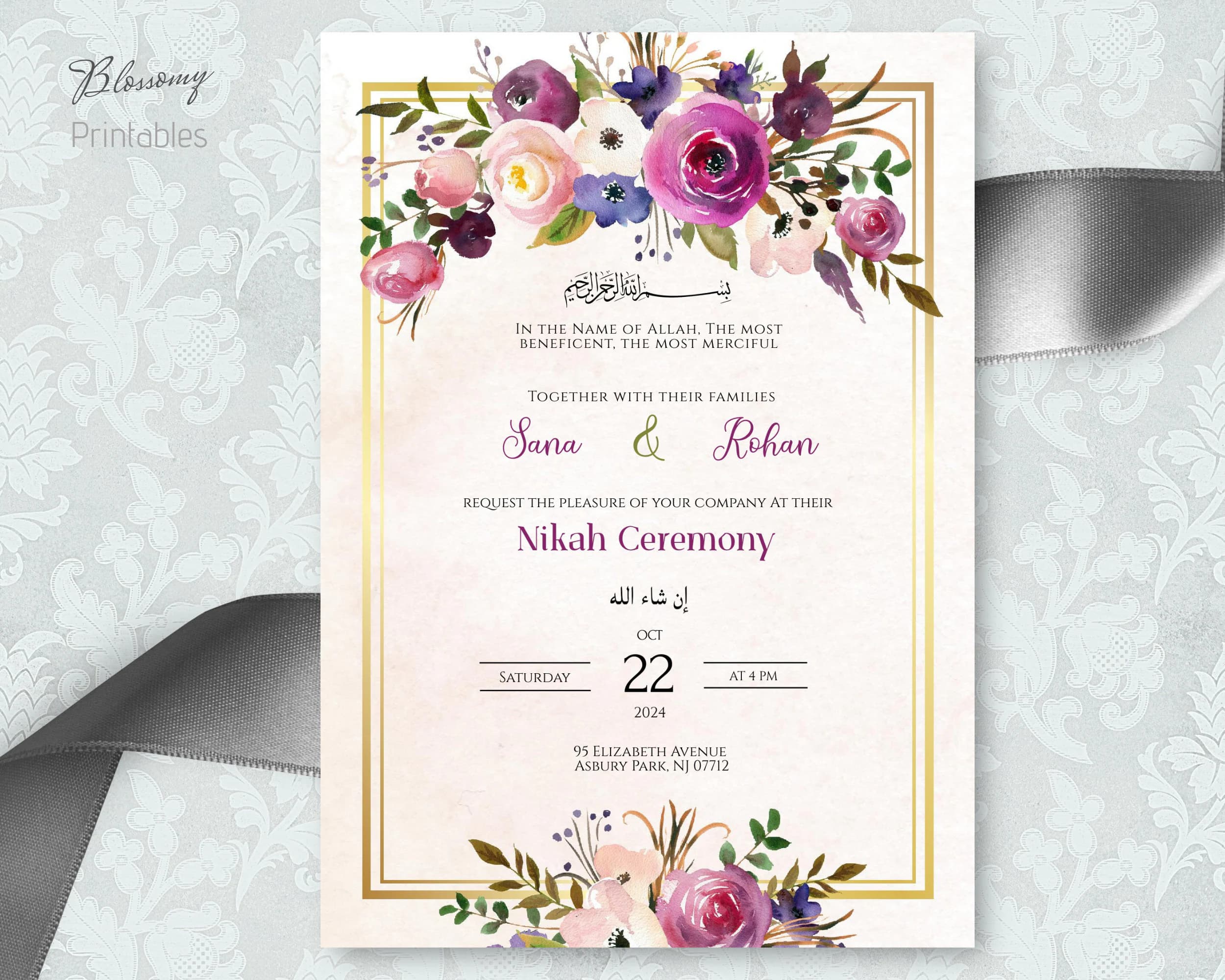 Nikah Invitation, Walima invitation, Muslim Wedding Invitation, Islamic Wedding Invitation, Nikkah Invite Template Purple Plum Eggplant