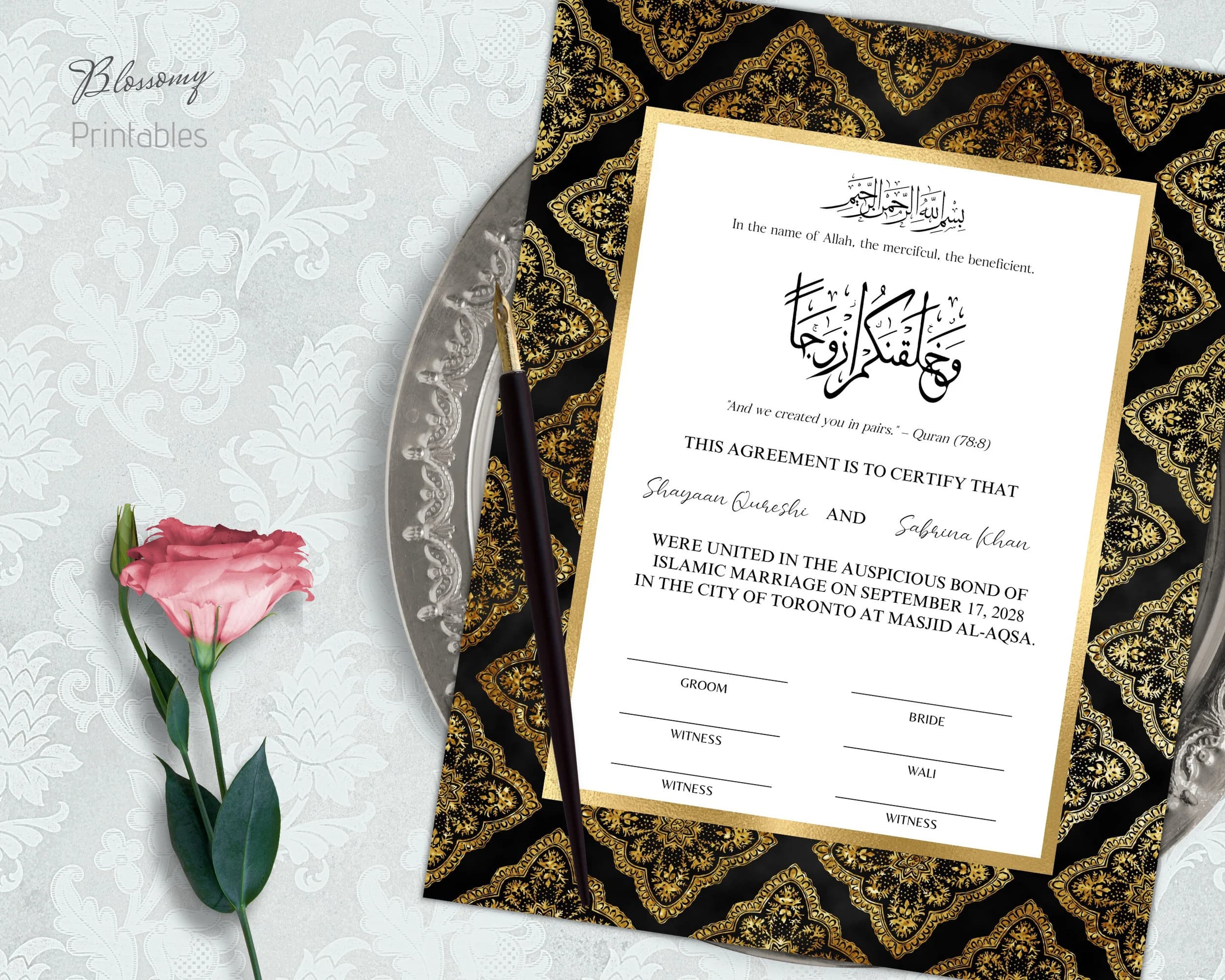 Personalizable Nikah Certificate Luxury Black Gold, Muslim Nikkah Contract, Digital Nikah Contract, Nikahnama, Islamic Wedding Certificate - image 3