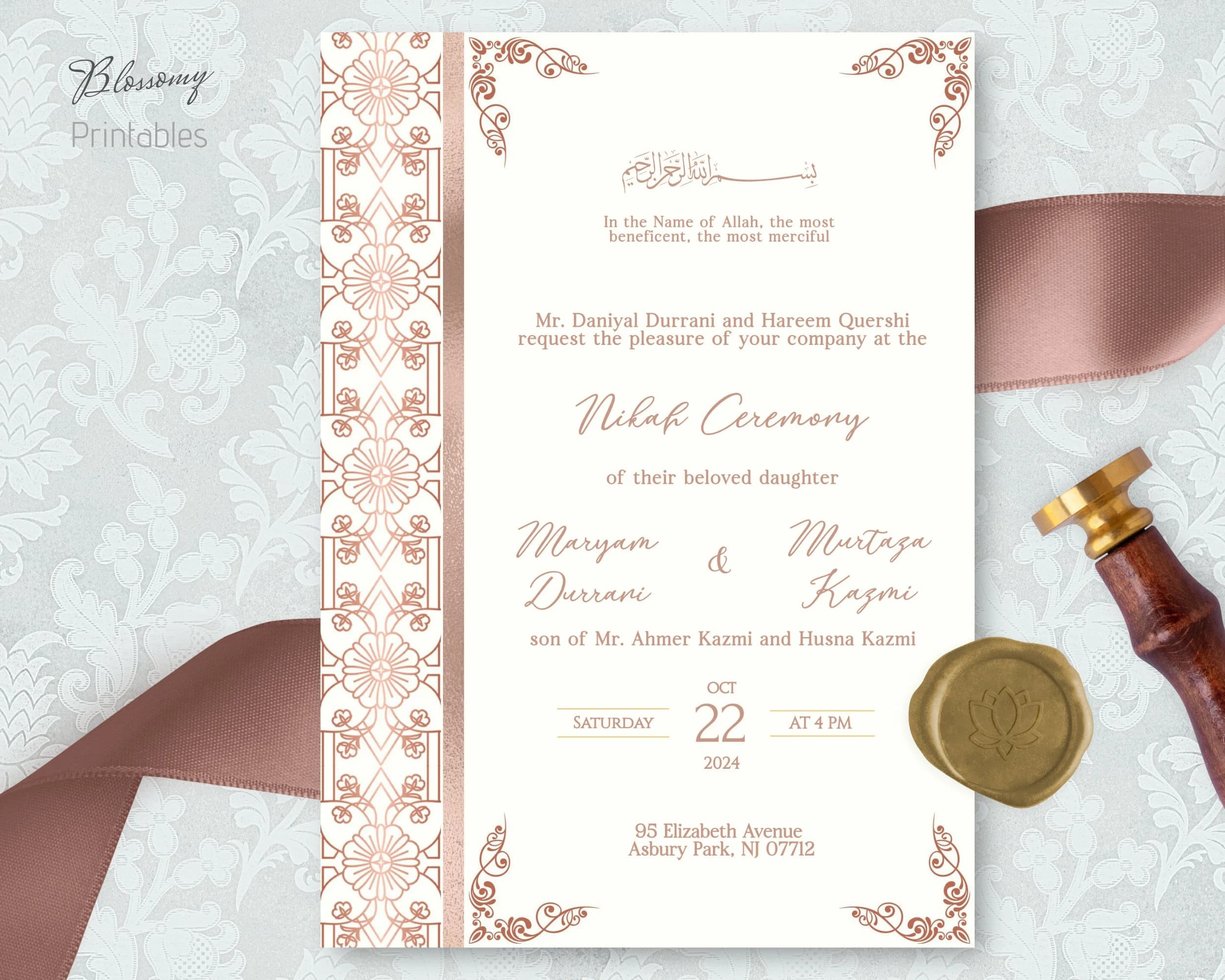 Editable Islamic Wedding Invitation, Nikah Invitation Rose Gold, Muslim Wedding Invitation, Nikkah Invite Template, Islamic Evite