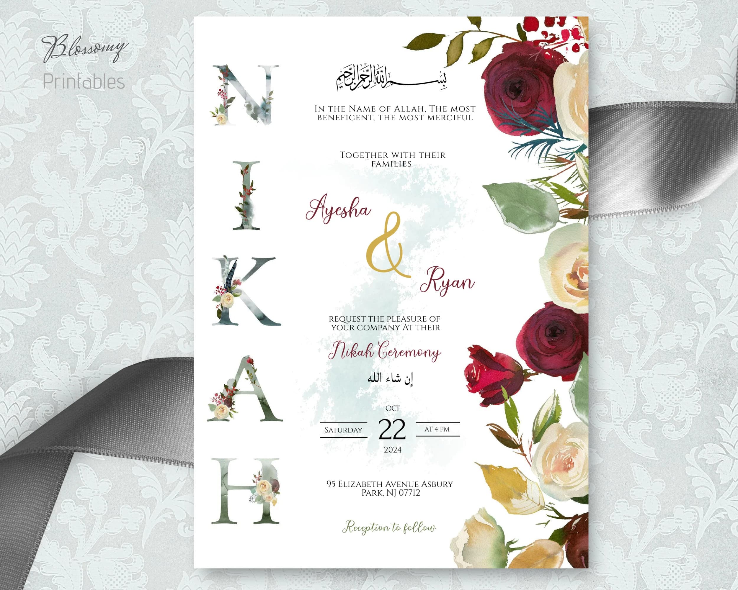 Muslim Nikkah Invitation, Muslim Wedding Invitation Burgundy, Islamic Wedding Invitation, Nikkah Invite Template, Desi Wedding digital - image 3