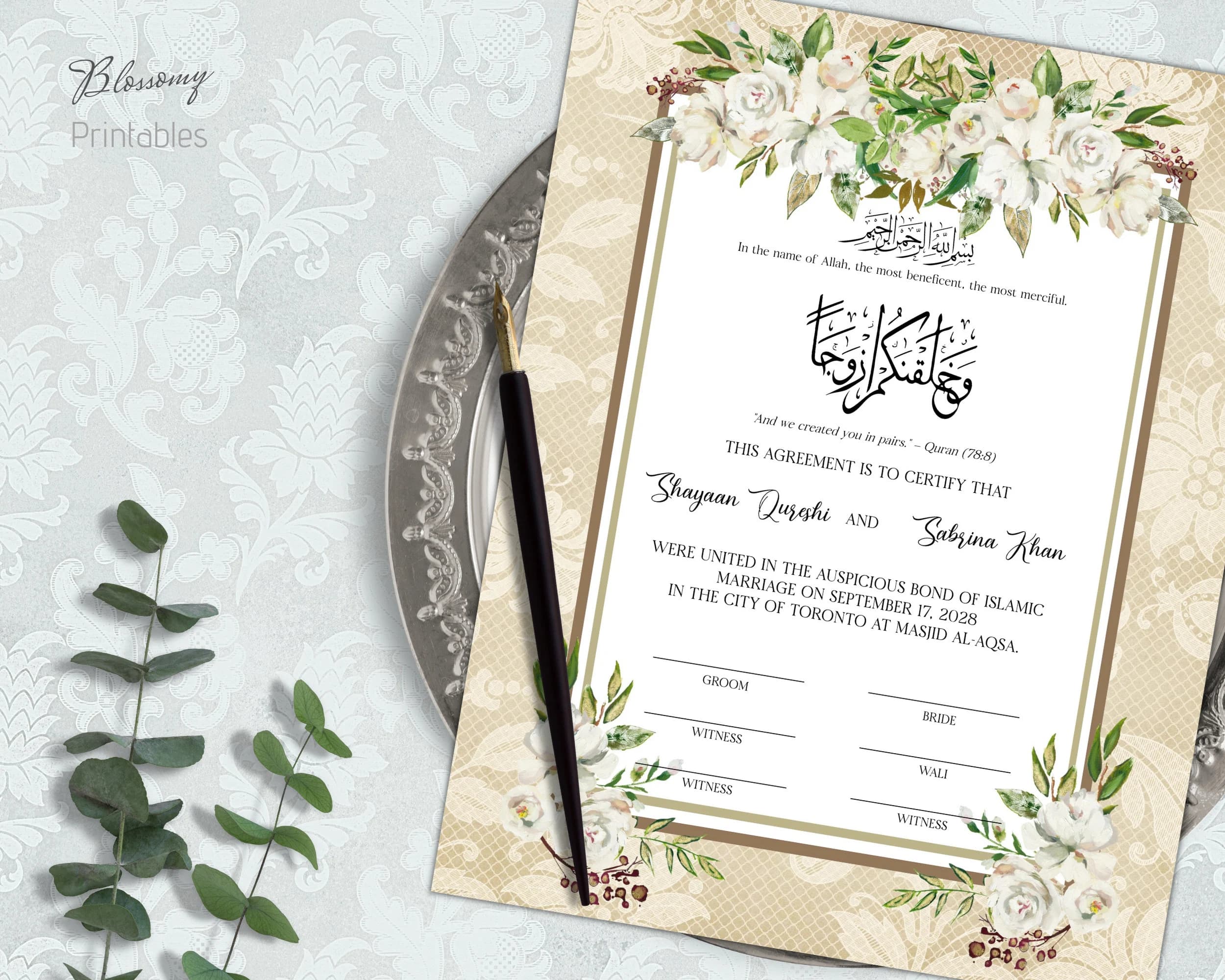 Editable Nikkah Certificate, Muslim Nikkah Contract, Digital Islamic Nikah Contract, Nikahnama, Muslim Wedding Certificate Black Gold