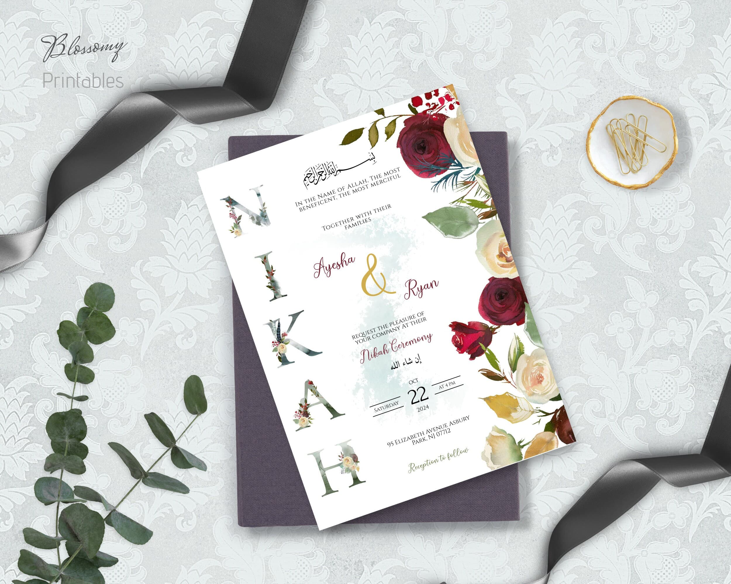 Muslim Nikkah Invitation, Muslim Wedding Invitation Burgundy, Islamic Wedding Invitation, Nikkah Invite Template, Desi Wedding digital - image 5