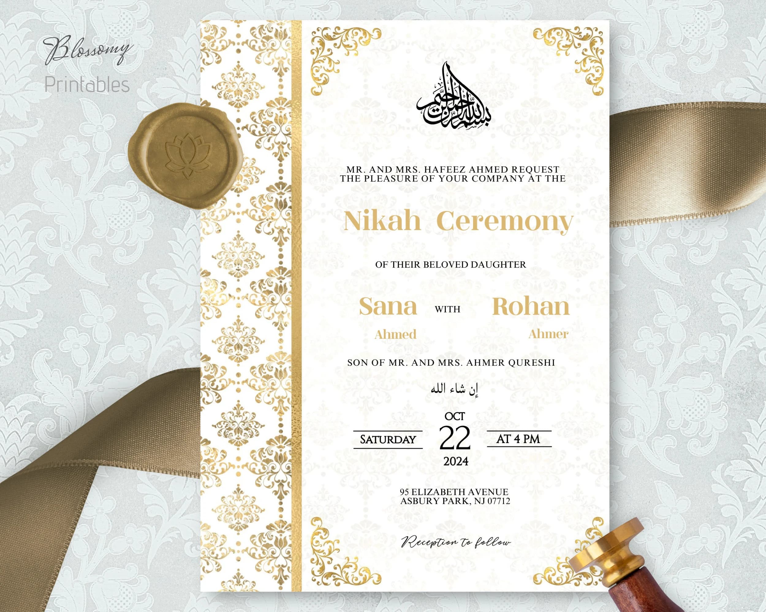 Editable Islamic Wedding Invitation, Nikah Invitation White Gold, Walima, Muslim Wedding Invitation, Nikkah Invite Template, Islamic Evite
