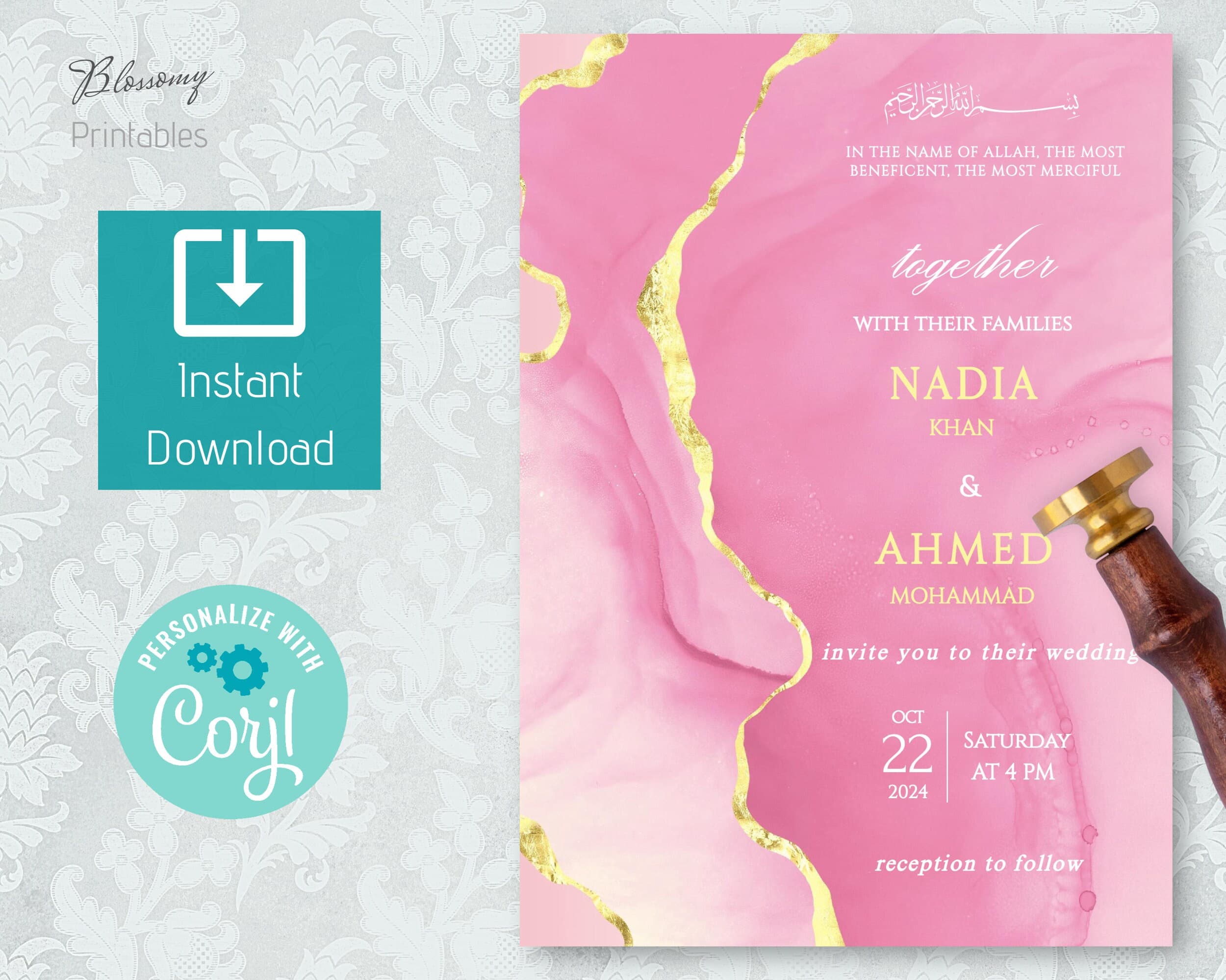 Islamic Wedding Invitation, Walimah Invitation Pink Gold, Walima Muslim Wedding Invitation, Marble Nikkah Invite Template, Islamic Evite - image 4