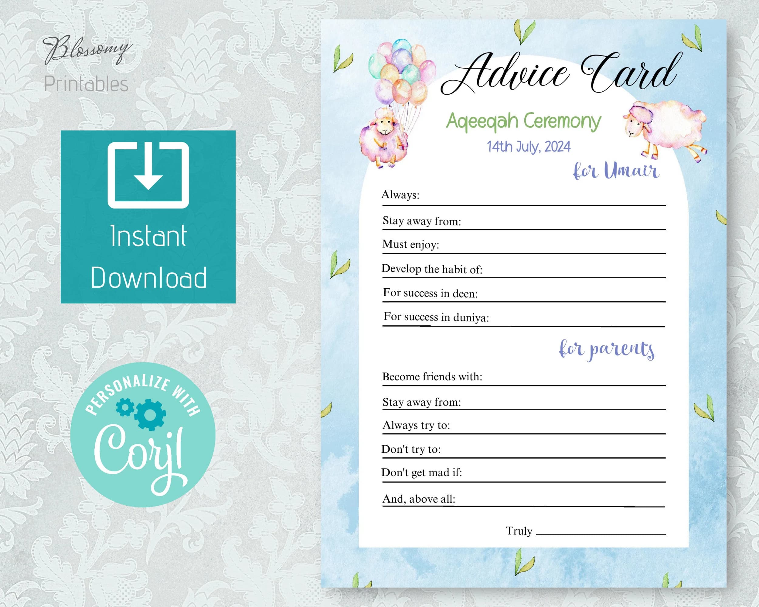 Editable Aqeeqah Advice Card Boy or Girl, Aqeeqah Card, Aqiqah Advice, Muslim Aqeeqah Invitation, Islamic Aqeeqah, Islamic Aqiqah Card - image 2