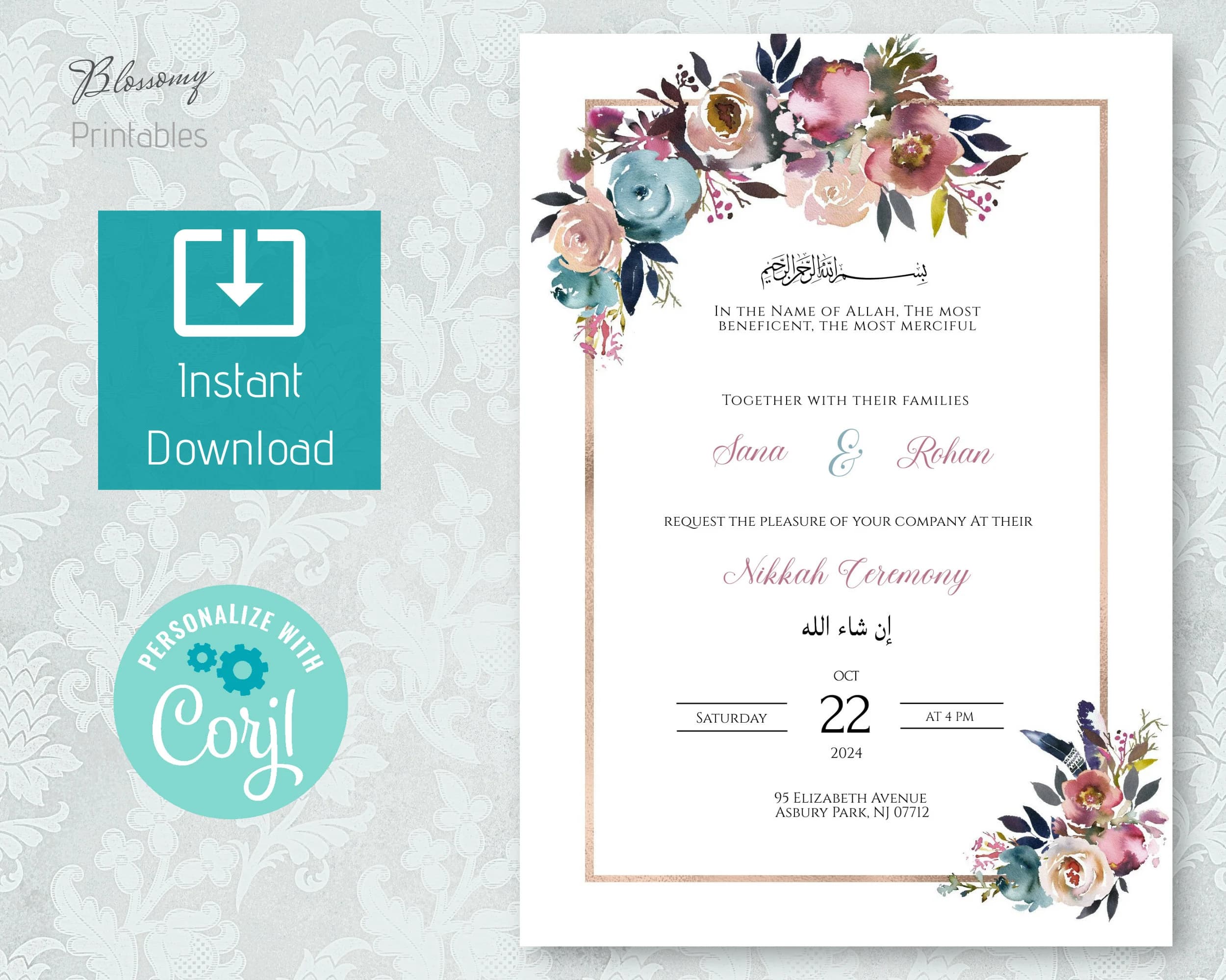 Nikah Invitation Blush Pink, Muslim Wedding Invitation, Islamic Wedding Invitation, Nikkah Invite Template, Rose gold Nikah invite - image 2